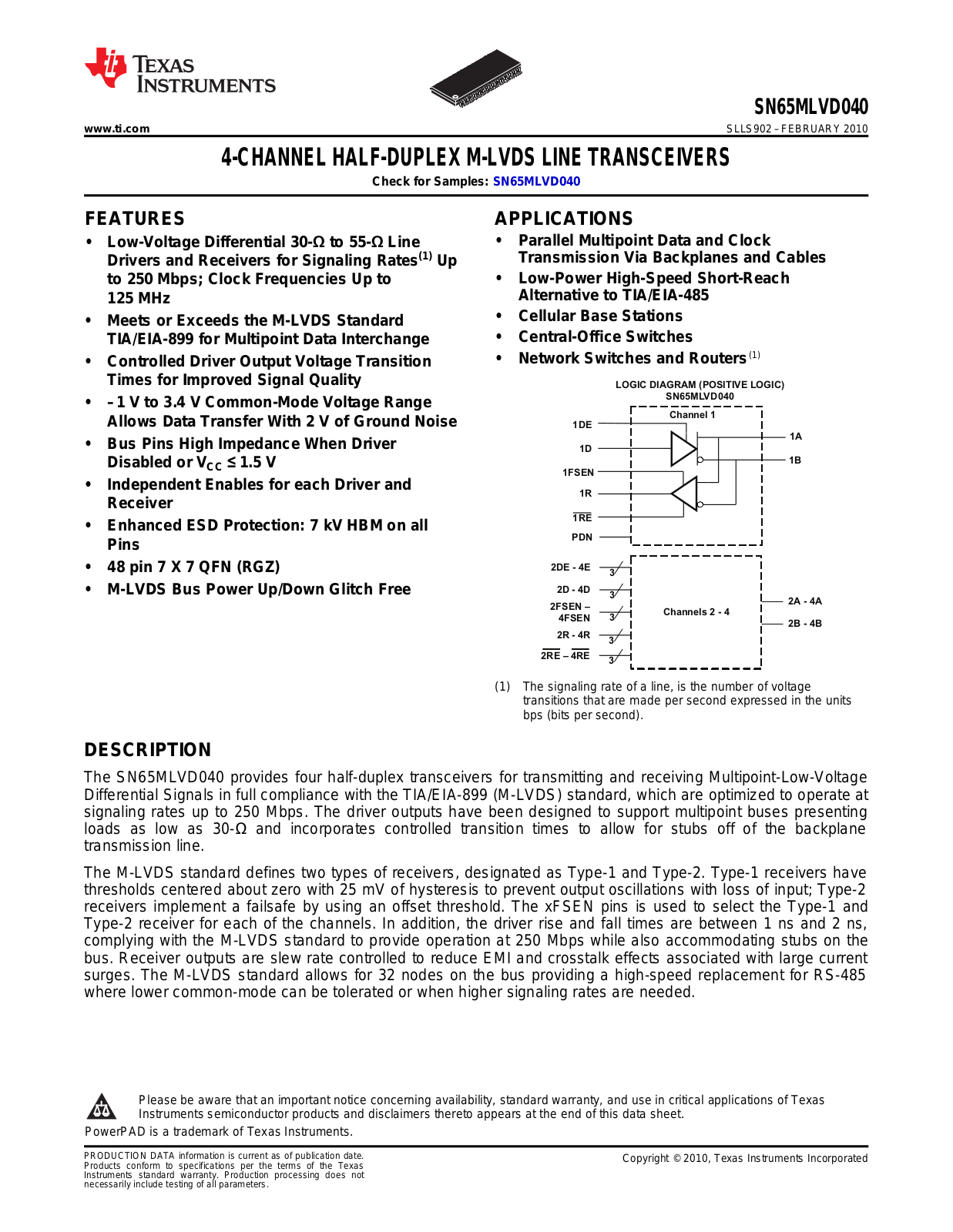 TEXAS INSTRUMENTS SN65MLVD040 Technical data