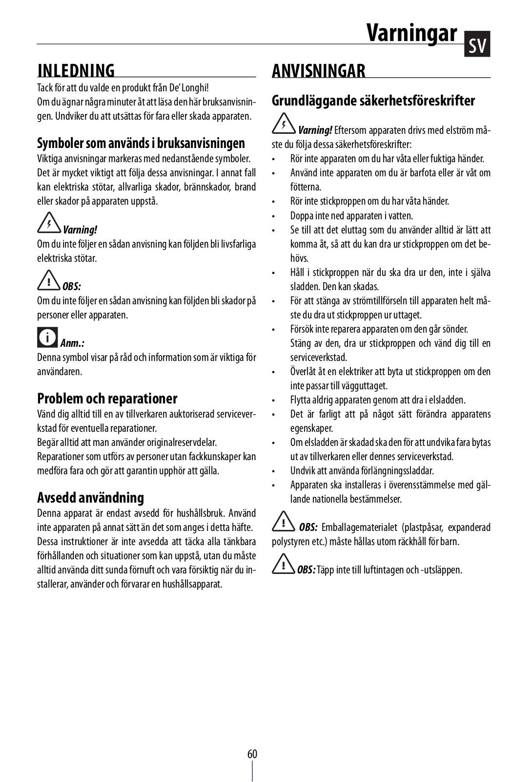 Delonghi AC100 Instruction manuals