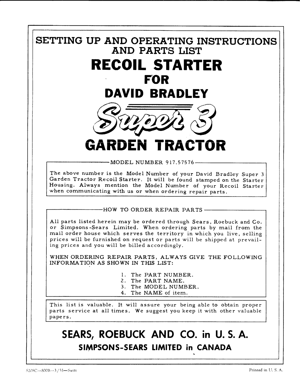 David Bradley 917.57576 Operating instructions