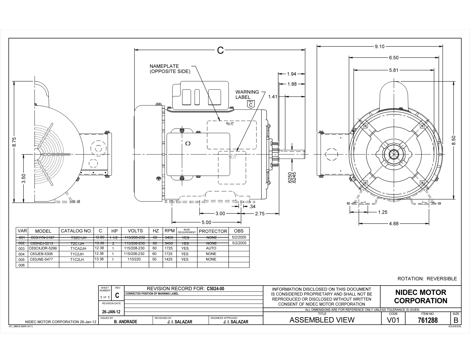 US Motors T1C2JH, T1C2LH, T1CA2JH Dimensional Sheet