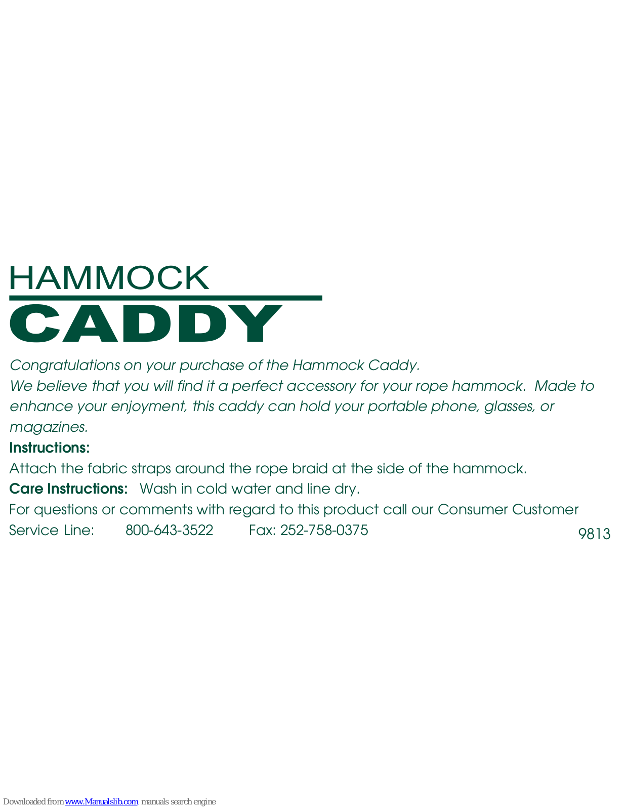 Hatteras Hammock Caddy, Caddy Instructions Manual