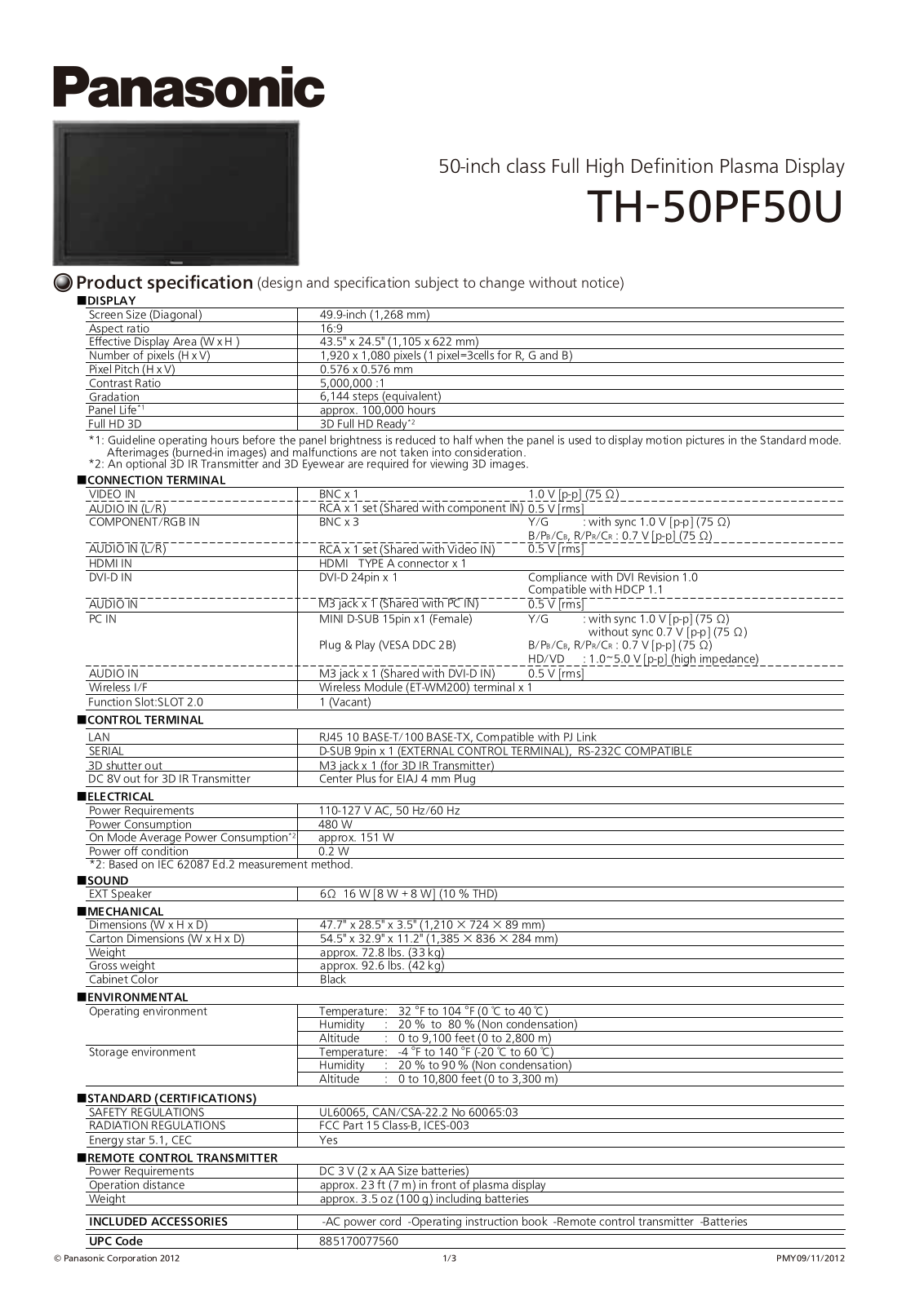 Panasonic TH-50PF50U Specification
