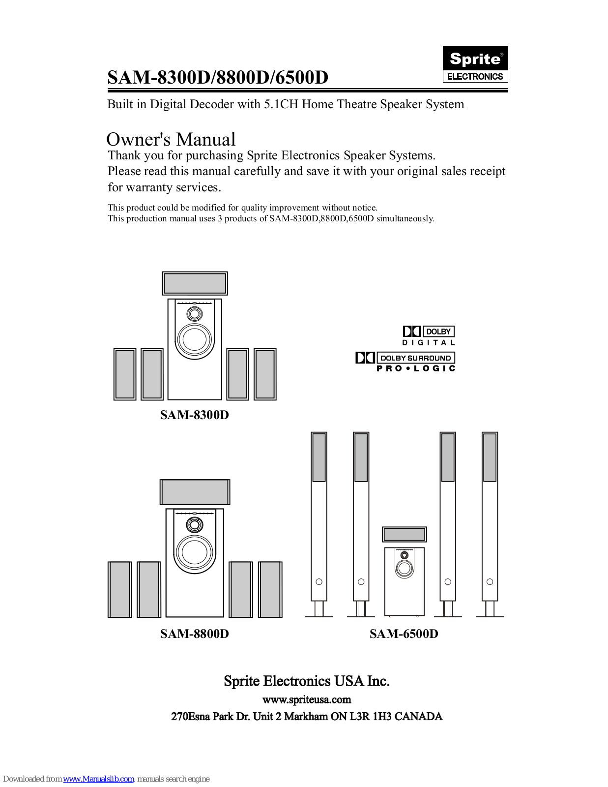 Sprite Electronics SAM-8300D, SAM-8800D, SAM-6500D Owner's Manual