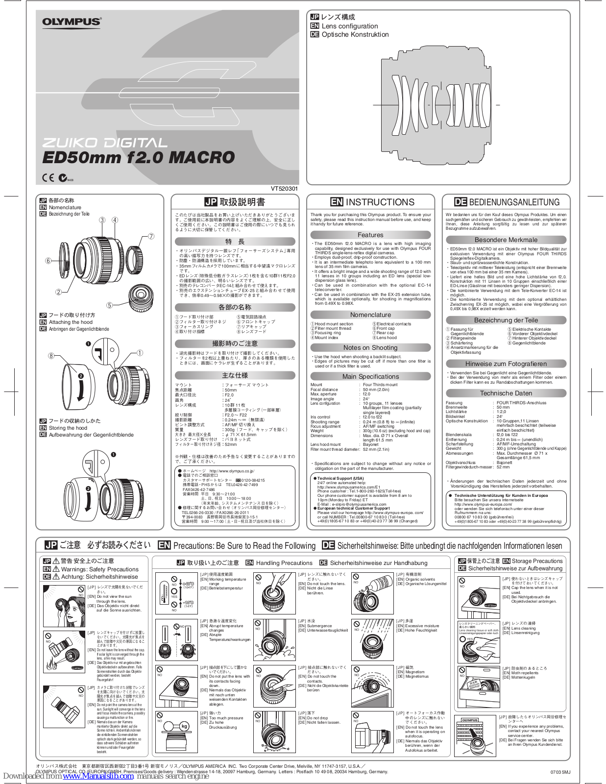 Olympus Zuiko digital ED 50mm f2.0 Macro 1:2 Instructions Manual