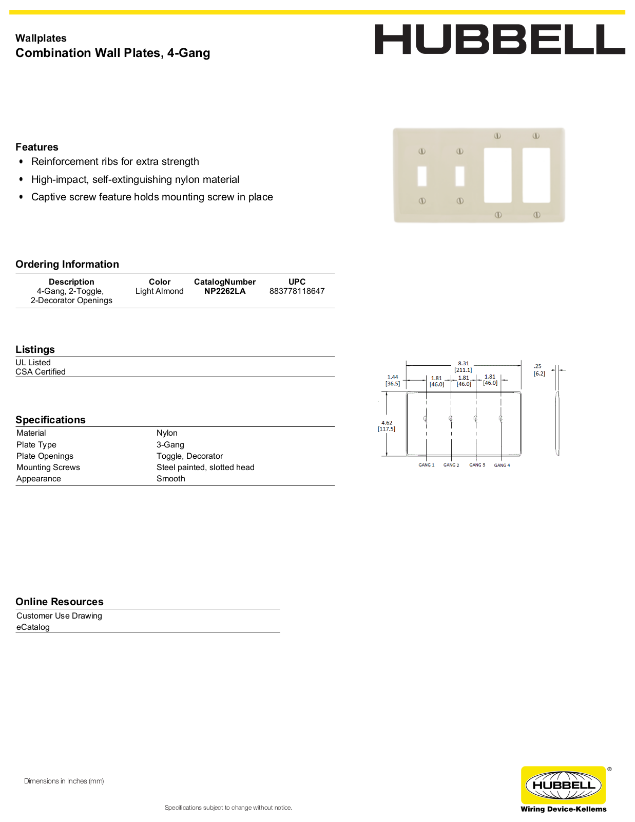 Hubbell NP2262LA Specifications