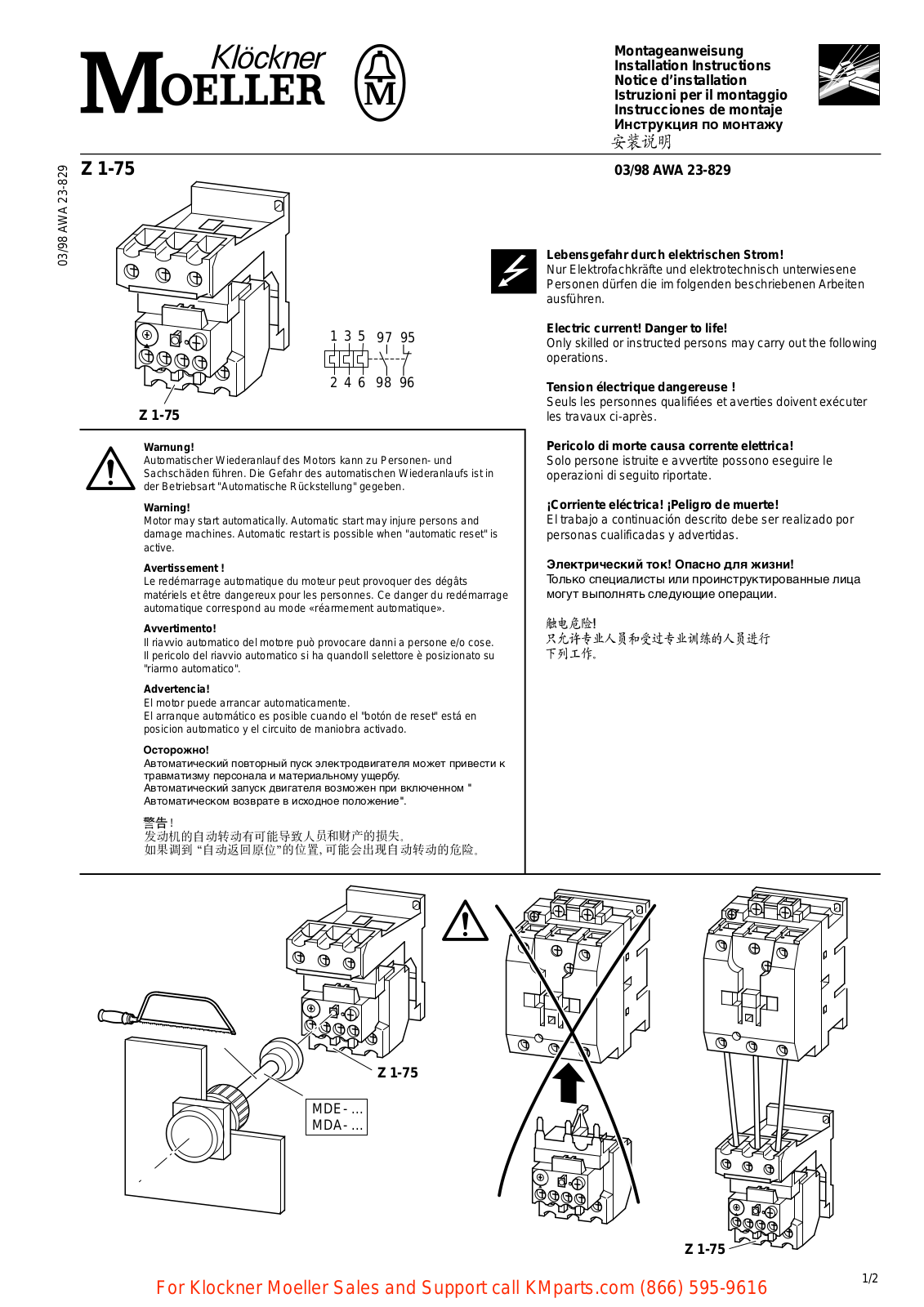 Moeller Z 1-75 Installation Instructions Manual