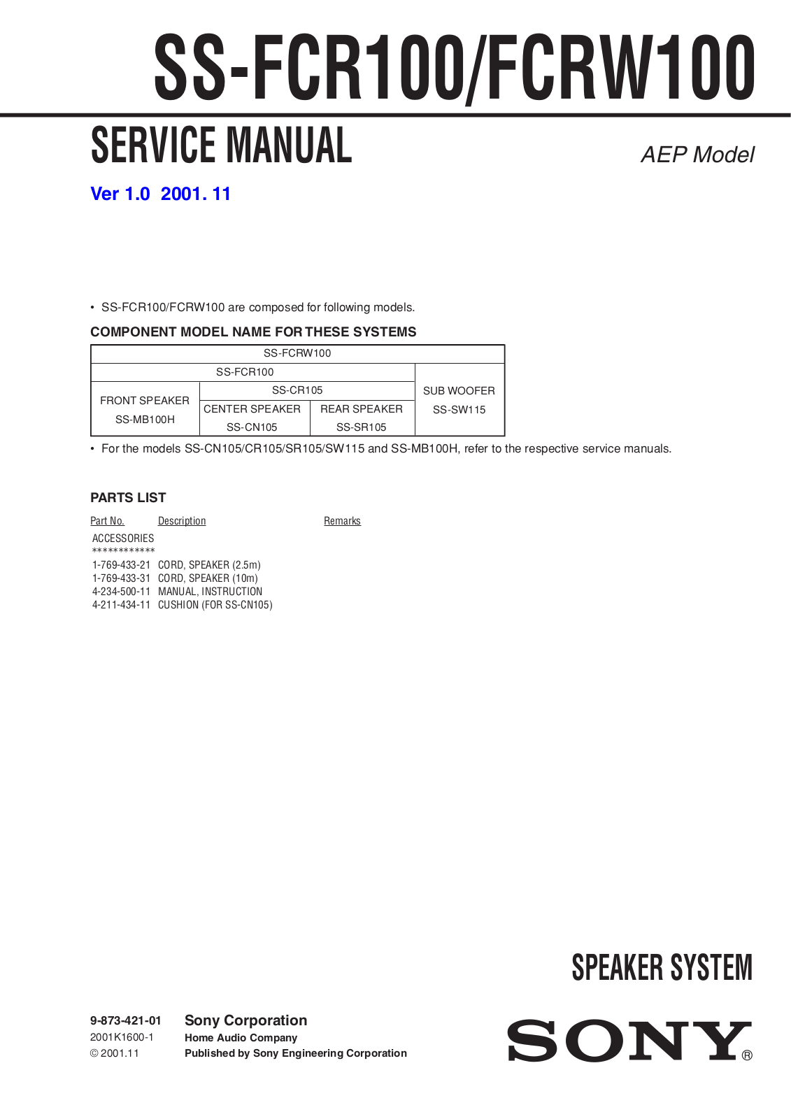 Sony FCRW100, SS-FCR100 Service Manual