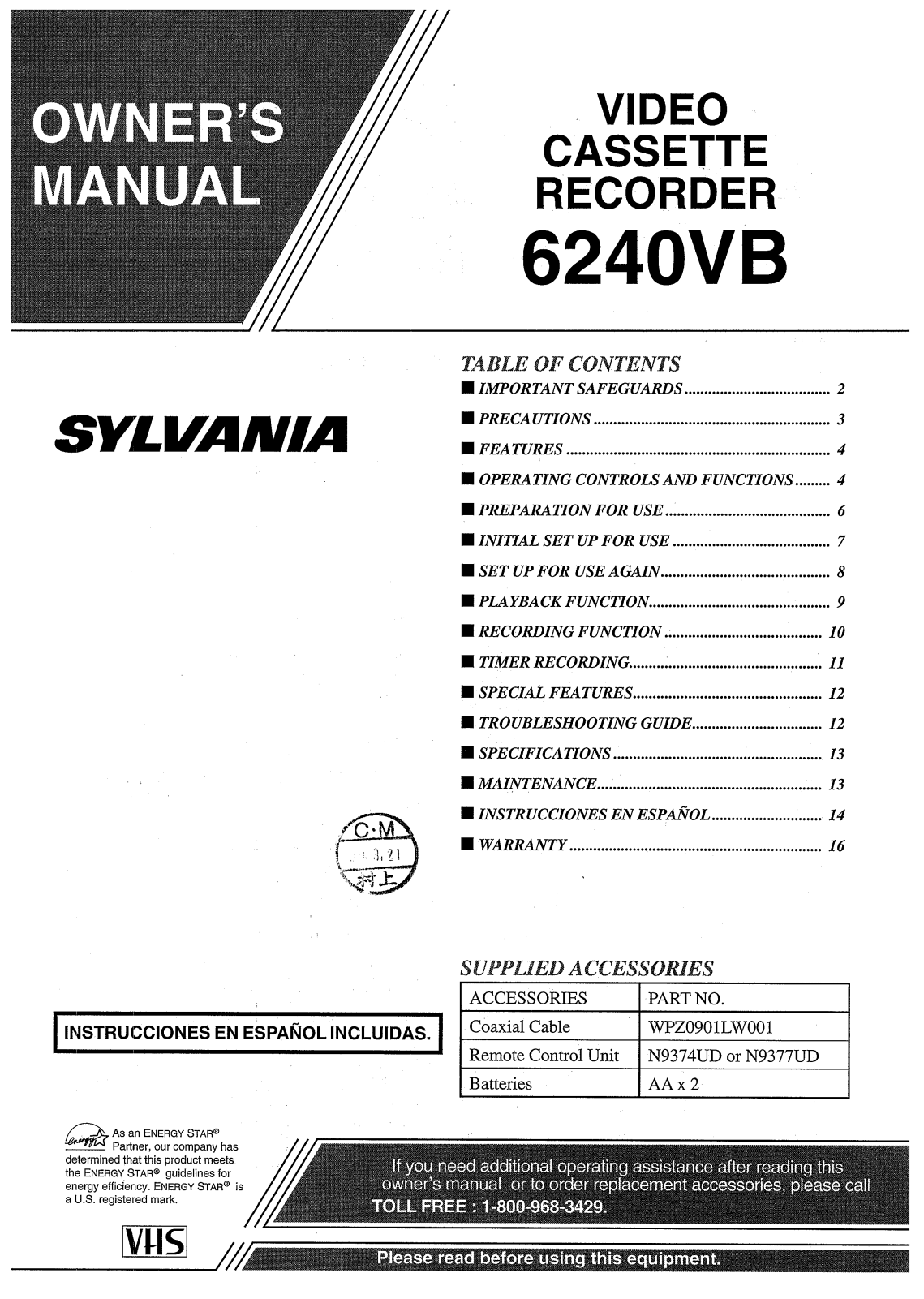 Sylvania 6240VB User Manual