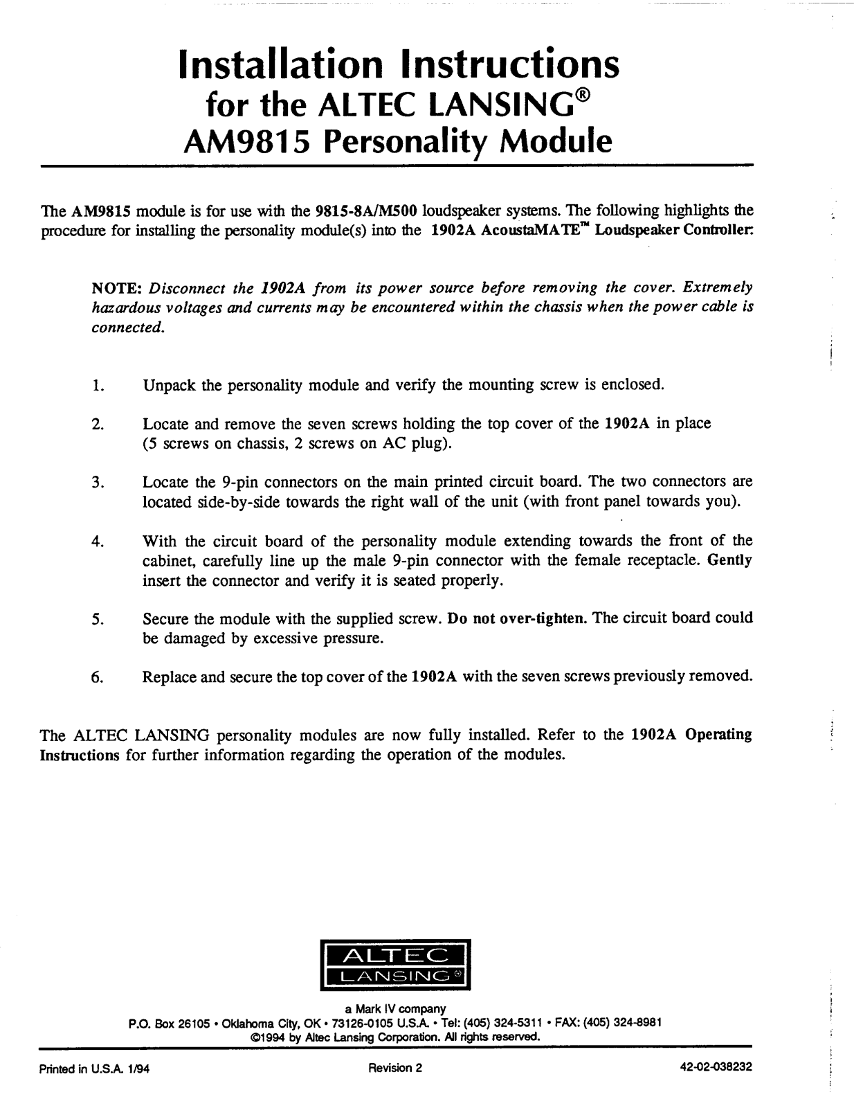 Altec Lansing AM9815 User Manual