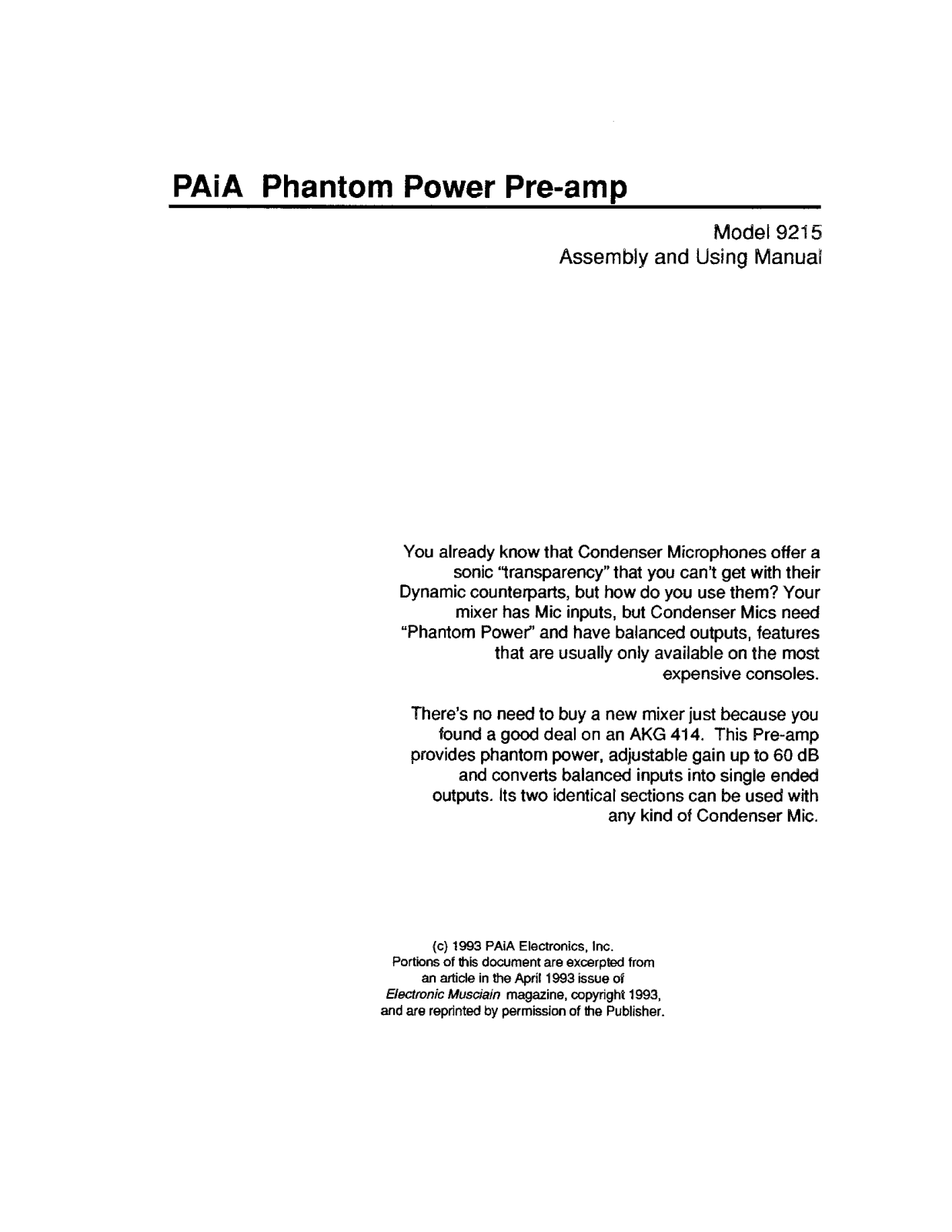 PAiA Electronics 9215 User's Manual