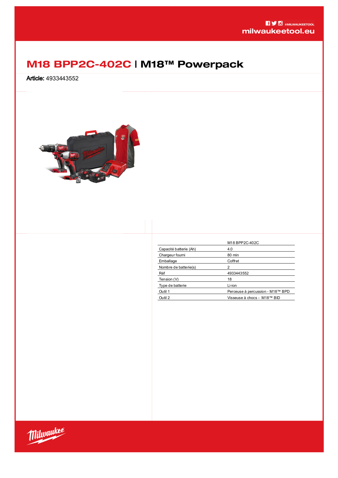 Milwaukee 4933443552, M18 BPP2C-402C Specification - ManualMachine.com