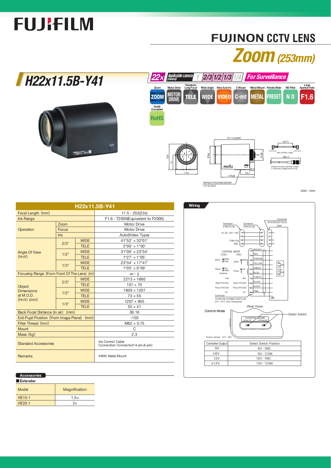 Fujinon H22x11.5B-Y41 Specsheet