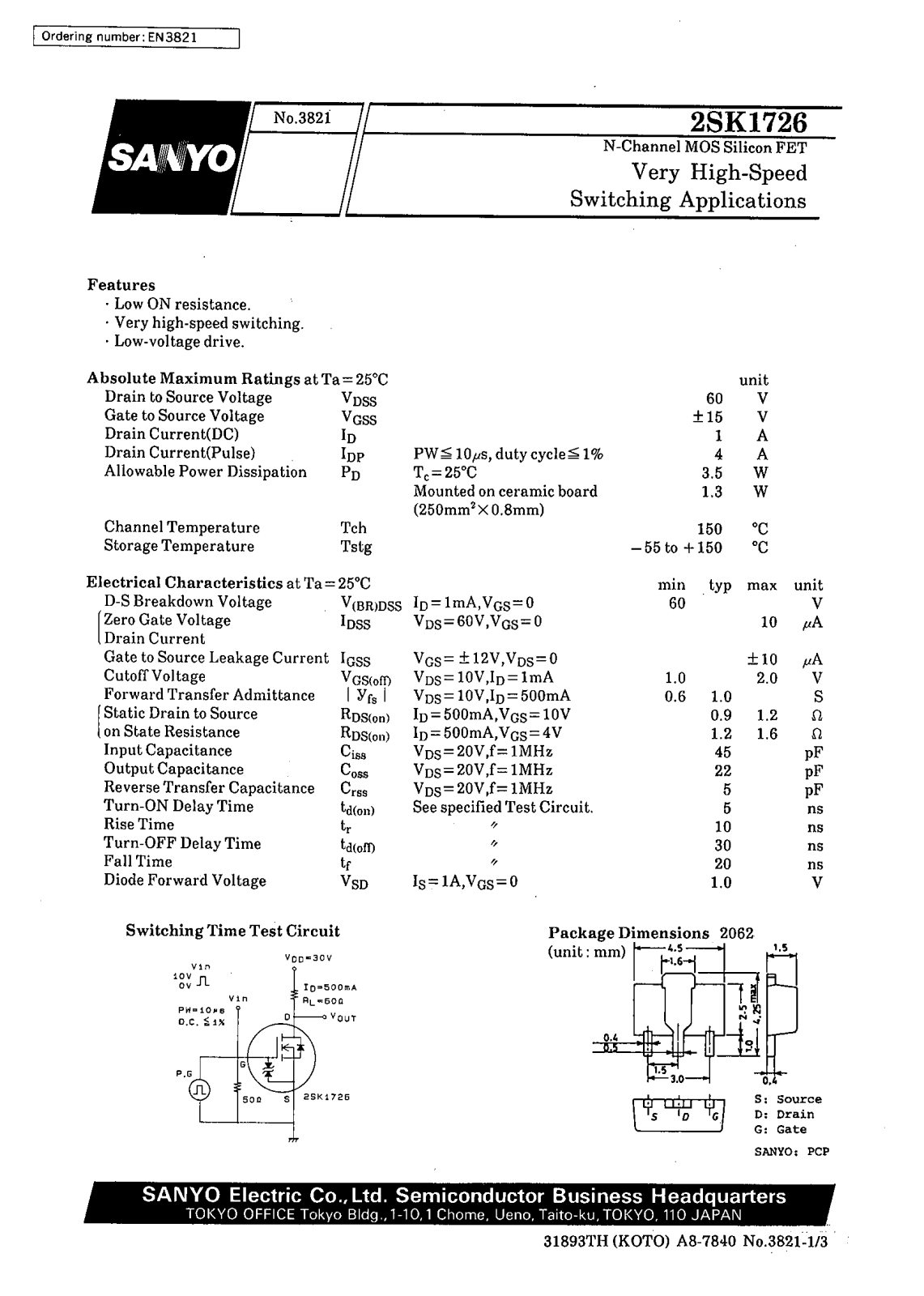 SANYO 2SK1726 Datasheet