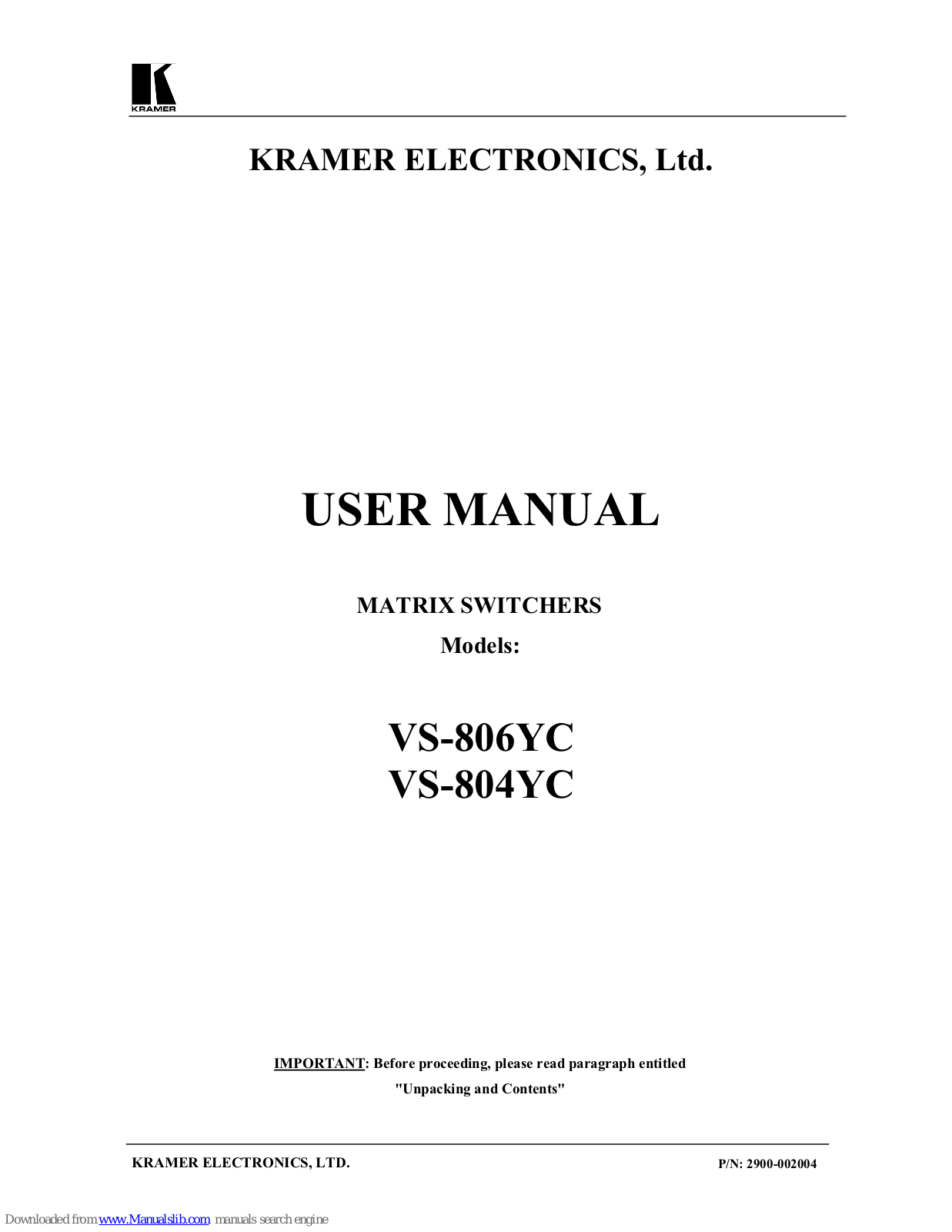 Kramer VS-806YC, VS-804YC User Manual