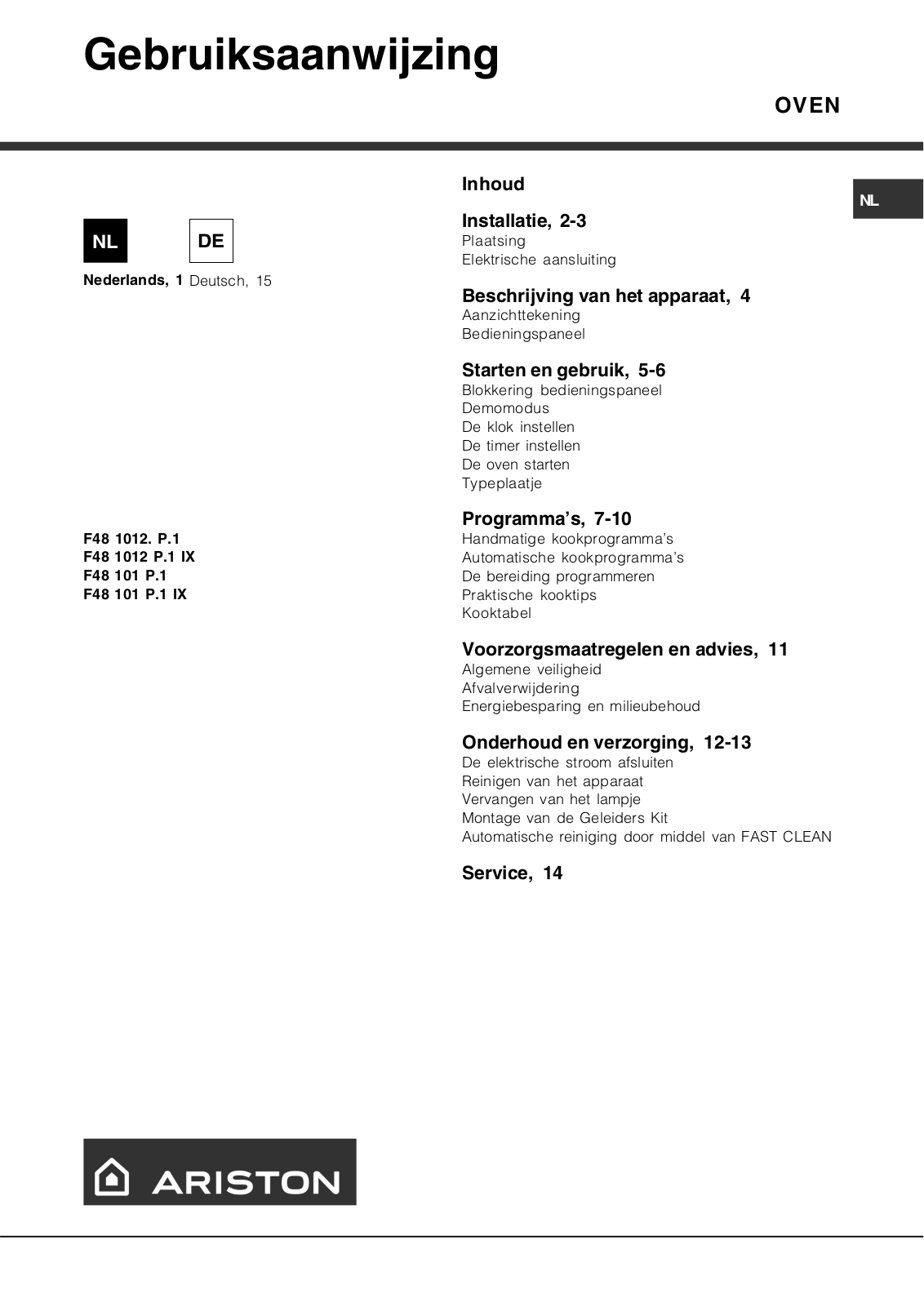 Hotpoint Ariston F48 101 P.1 IX, F48 1012 P.1 IX User Manual