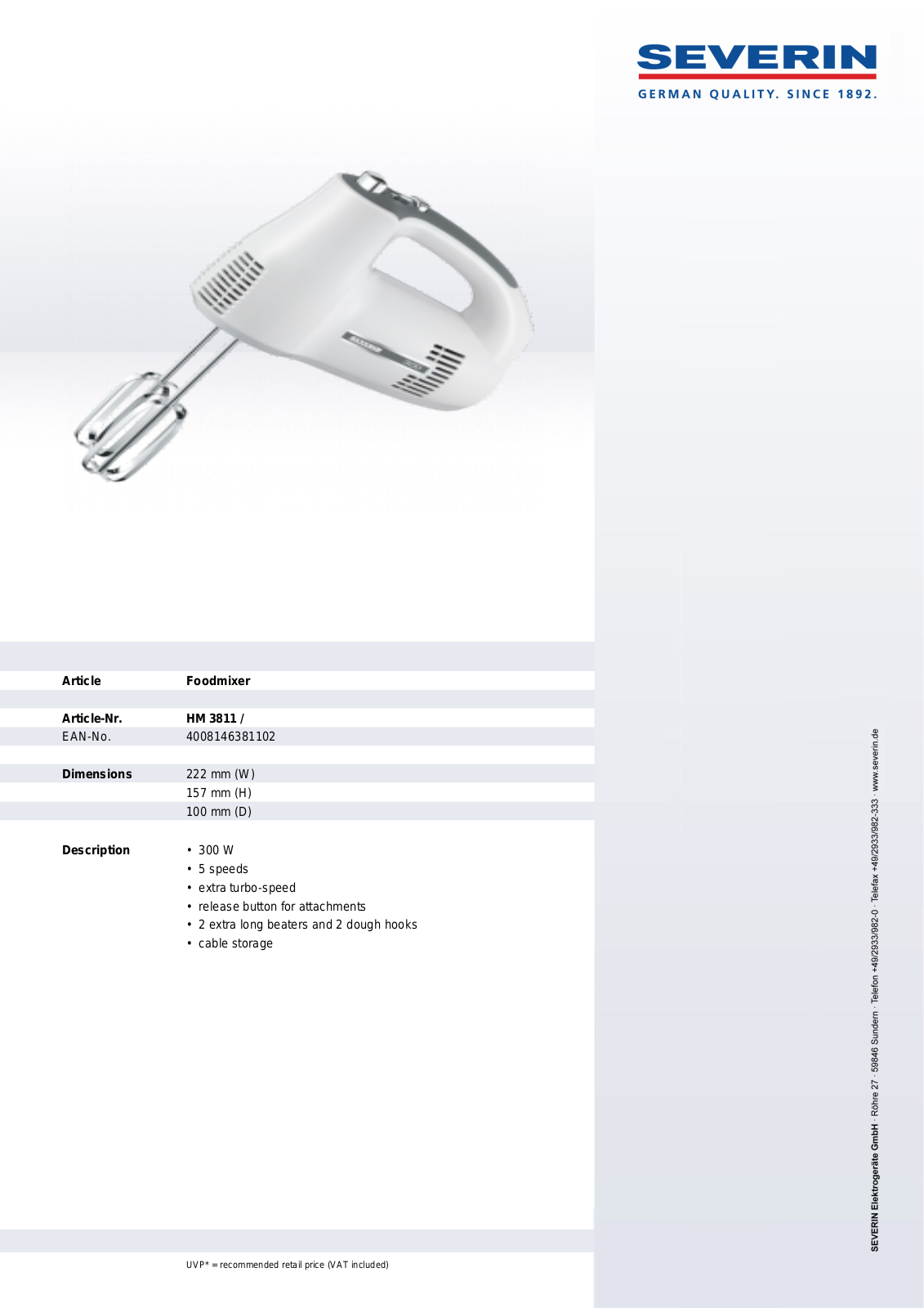 Severin FOODMIXER, HM 3811 User Manual