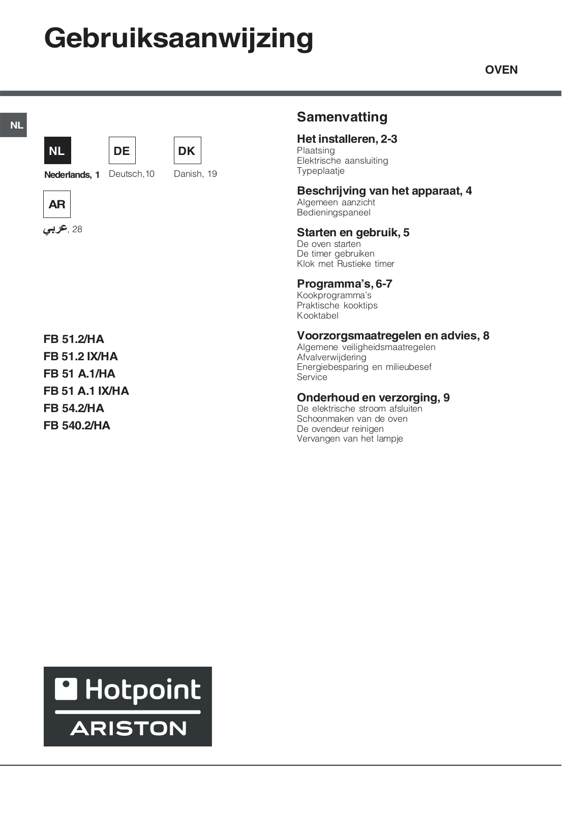 Hotpoint Ariston FB 51 A.1, FR 540.2, FB 51.2 IX/HA, FB 51.2, FB 51 A.1 IX/HA User Manual