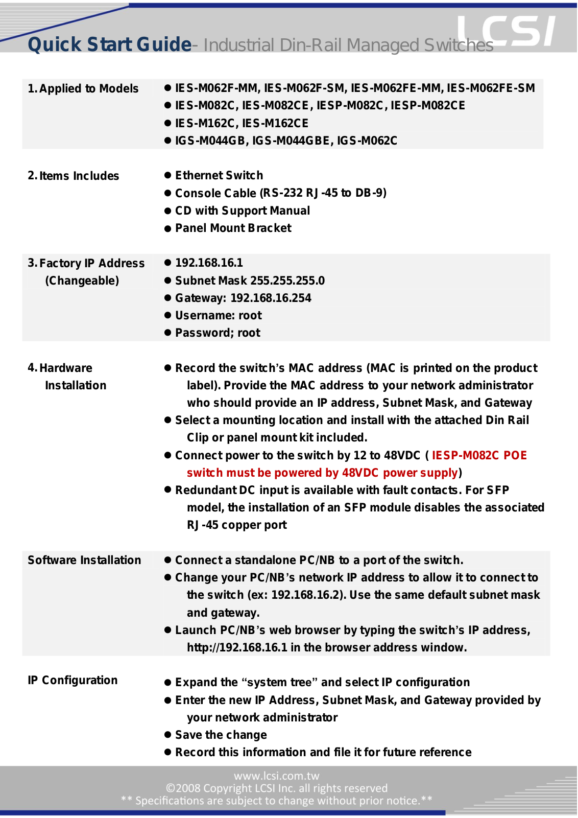 LCSI IES-M082C, IES-M062F-SM, IES-M062FE-SM, IES-M062FE-MM, IES-M082CE Quick Start Manual