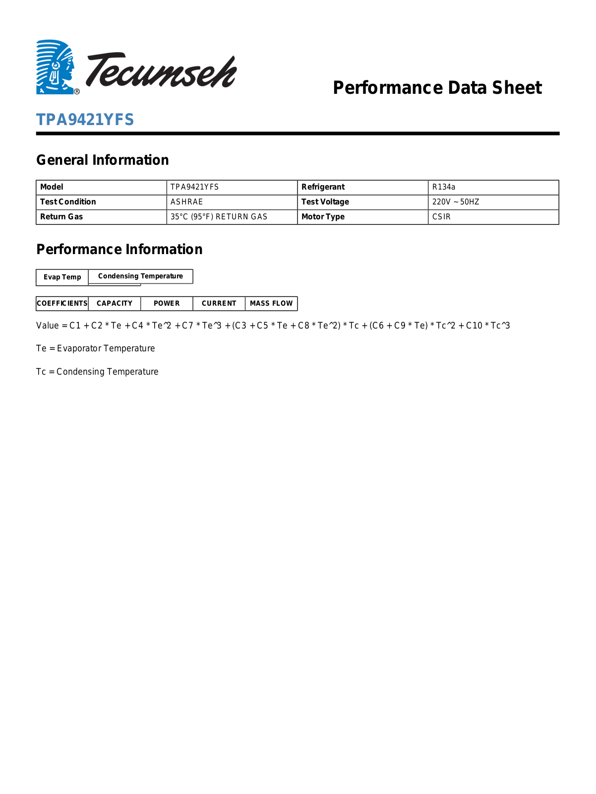 Tecumseh TPA9421YFS Manual