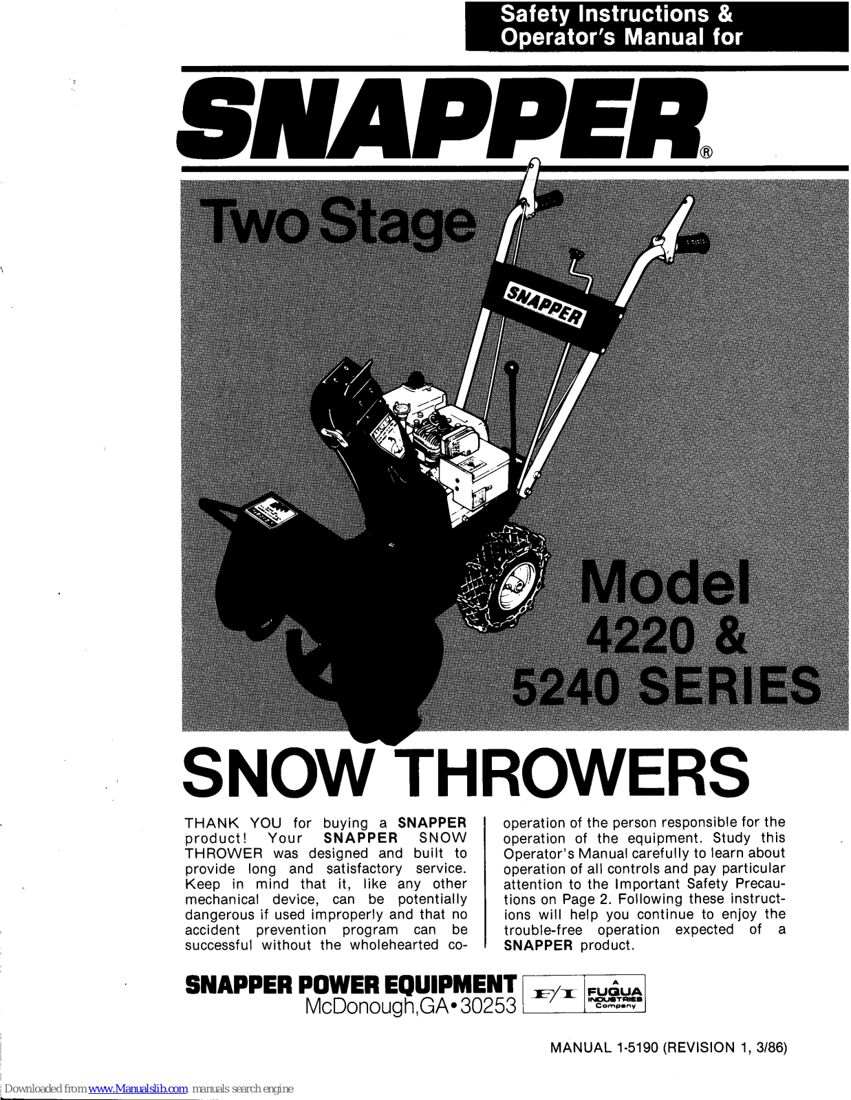 Snapper 5240 Series, 4220 Series Safety Instructions & Operator's Manual