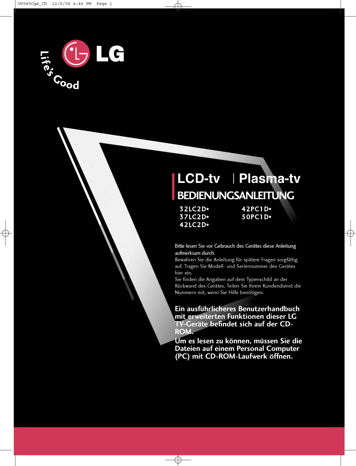 Lg 37LC2D, 32LC2D, 42LC2D, 42PC1D, 50PC1D User Manual