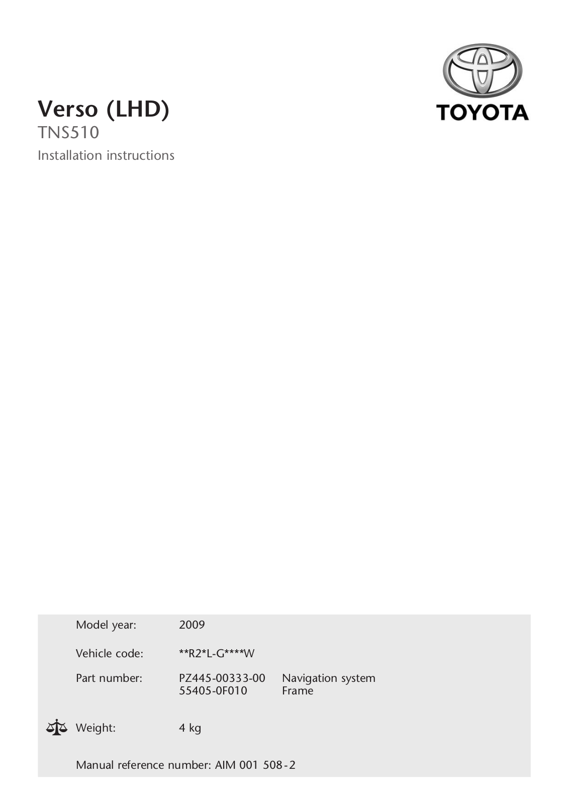 Toyota Verso TNS510 Installation Instructions Manual