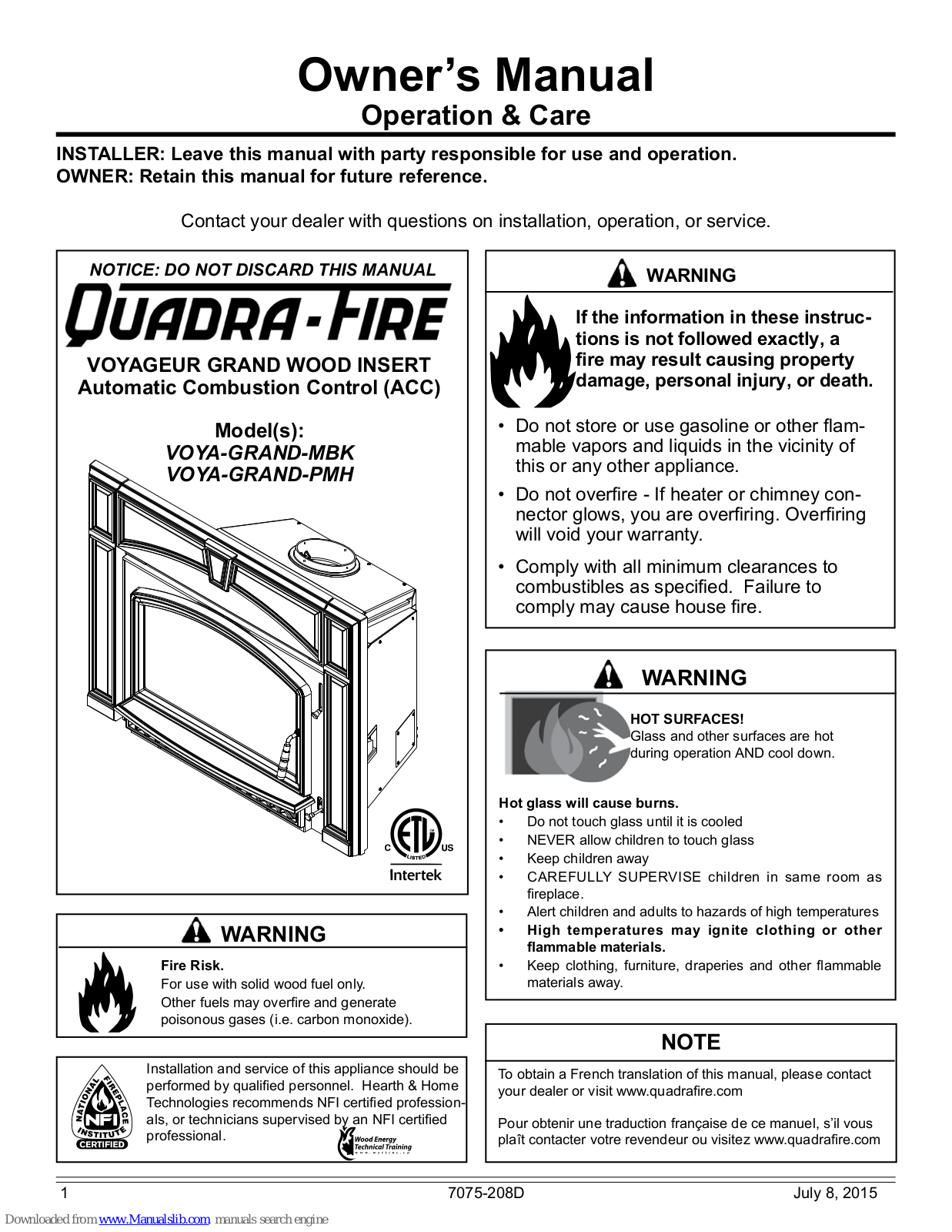 Quadra-Fire VOYA-GRAND-MBK, VOYA-GRAND-PMH Owner's Manual