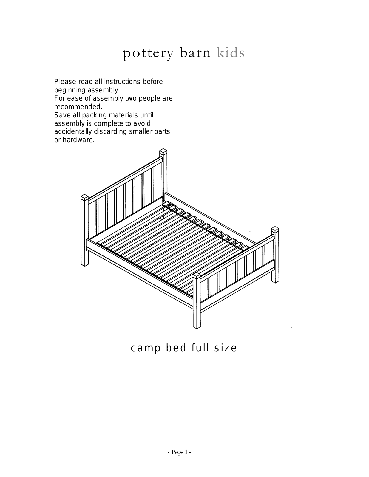 Pottery Barn Camp Full Bed Assembly Instruction