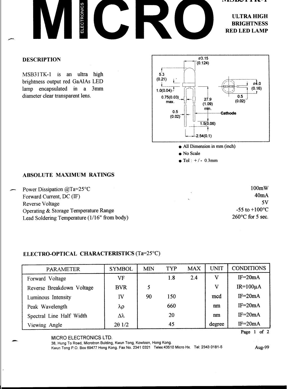 MICRO MSB31TK-1 Datasheet