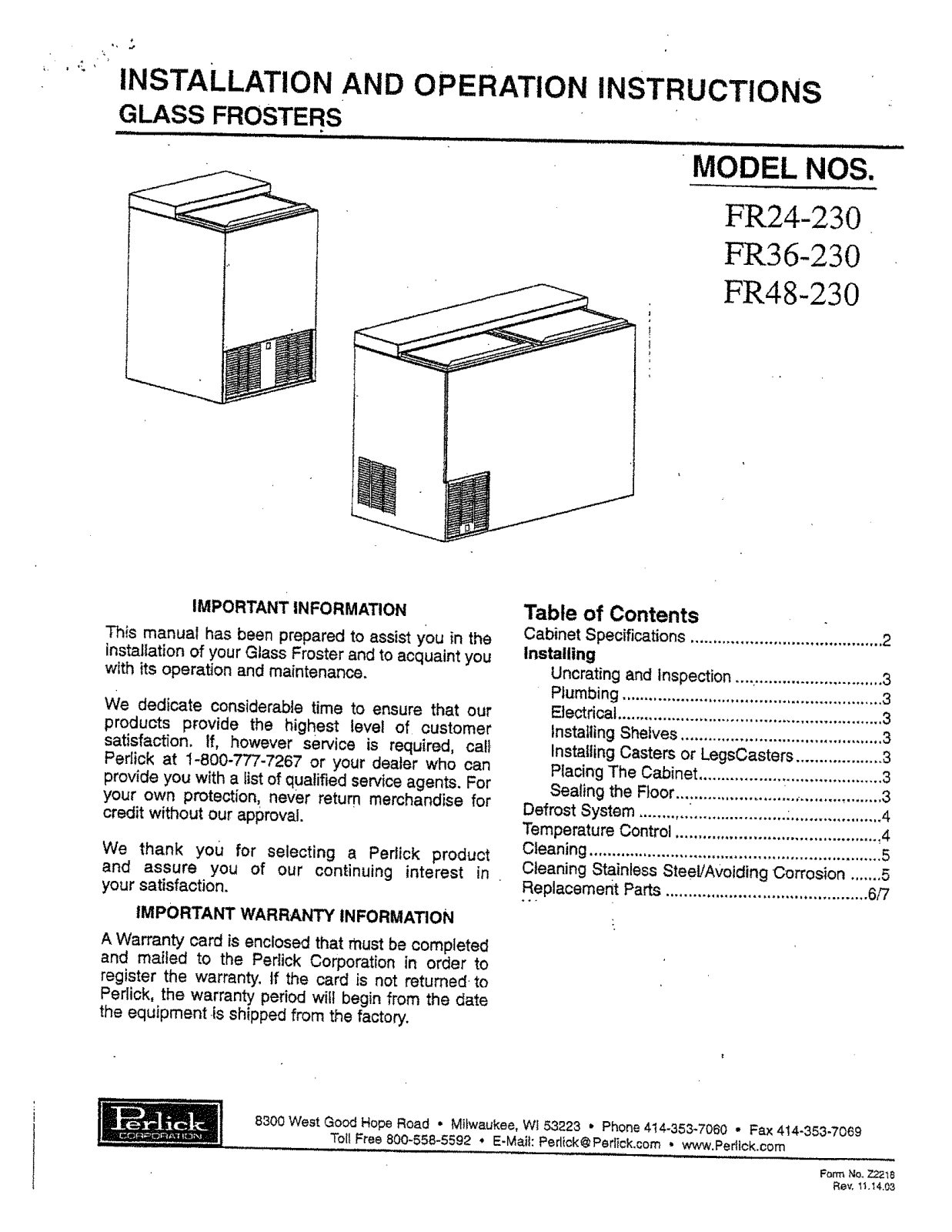 Perlick FR24-230 Service Manual