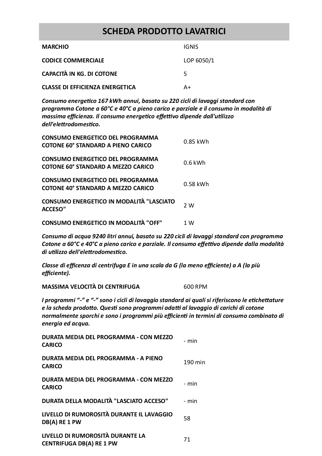 Whirlpool LOP 6050/1 PRODUCT SHEET