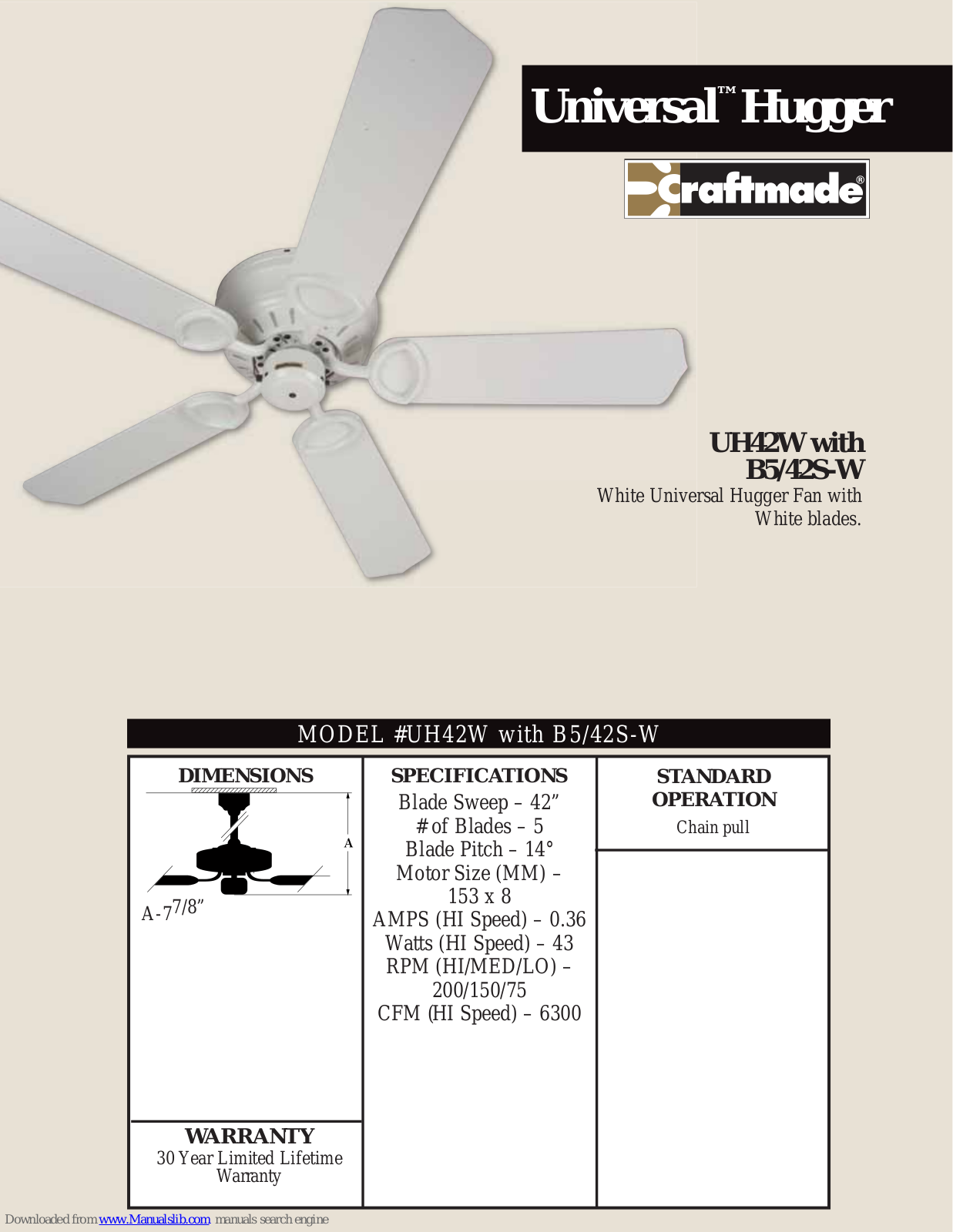 Craftmade UH42, Universal Hugger UH42W Specifications - ManualMachine.com
