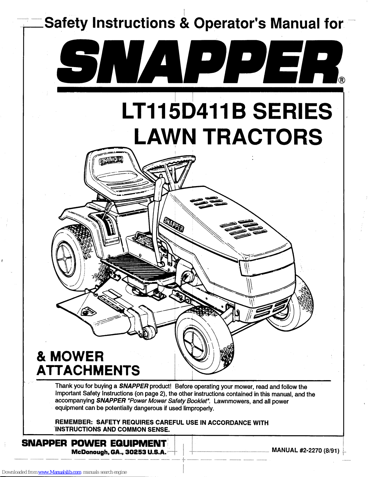 Snapper LT115D114B Series Safety Instructions & Operator's Manual