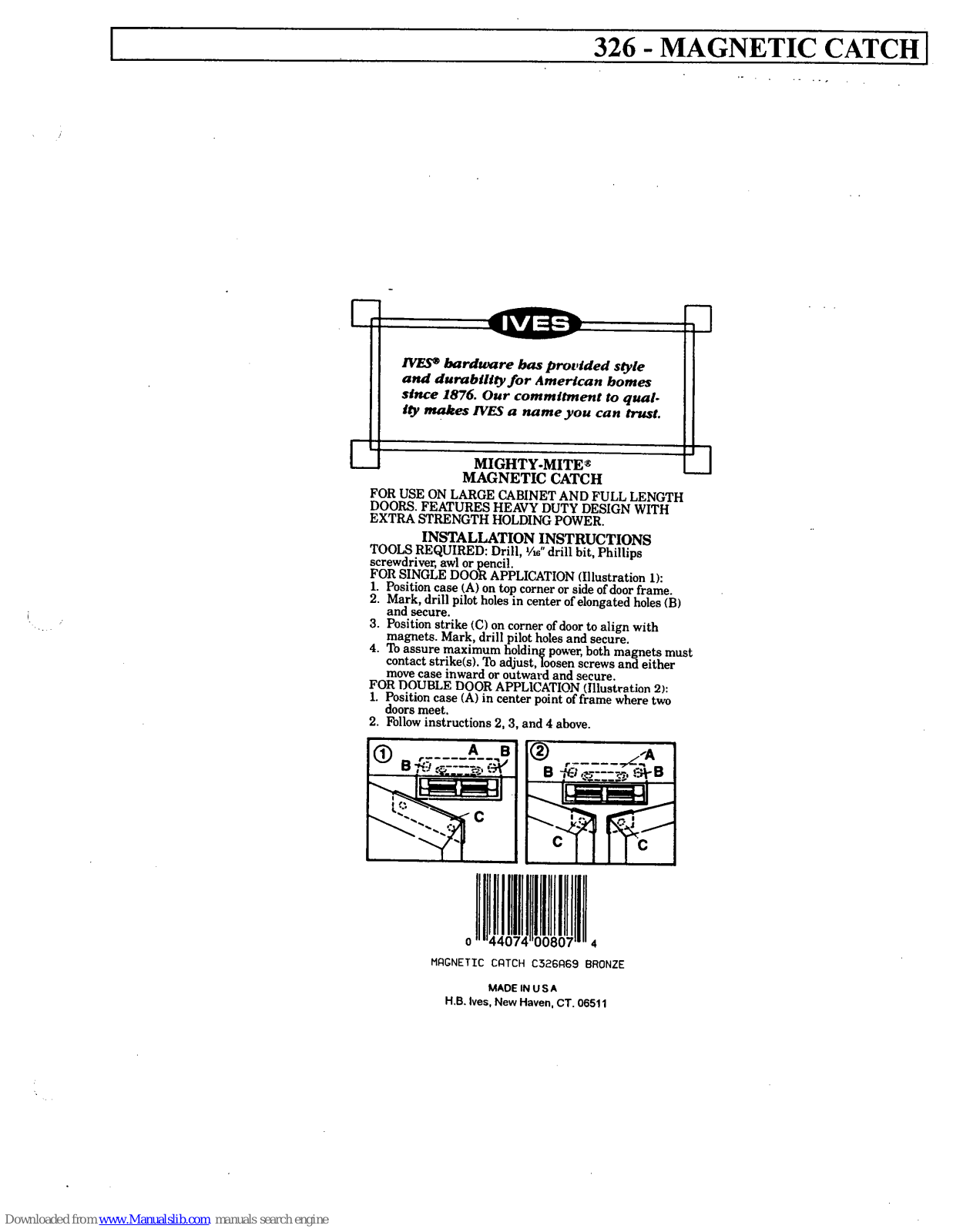 Ives Magnetic Catch 326, Mighty-Mite 326 Installation Instructions Manual