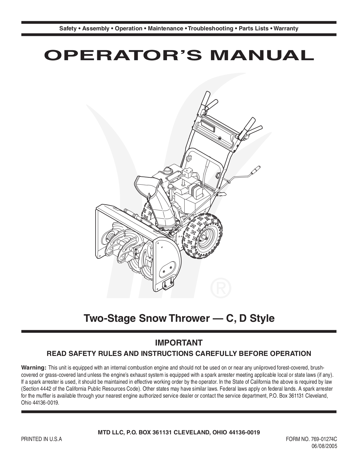 MTD D Style, C Style User Manual