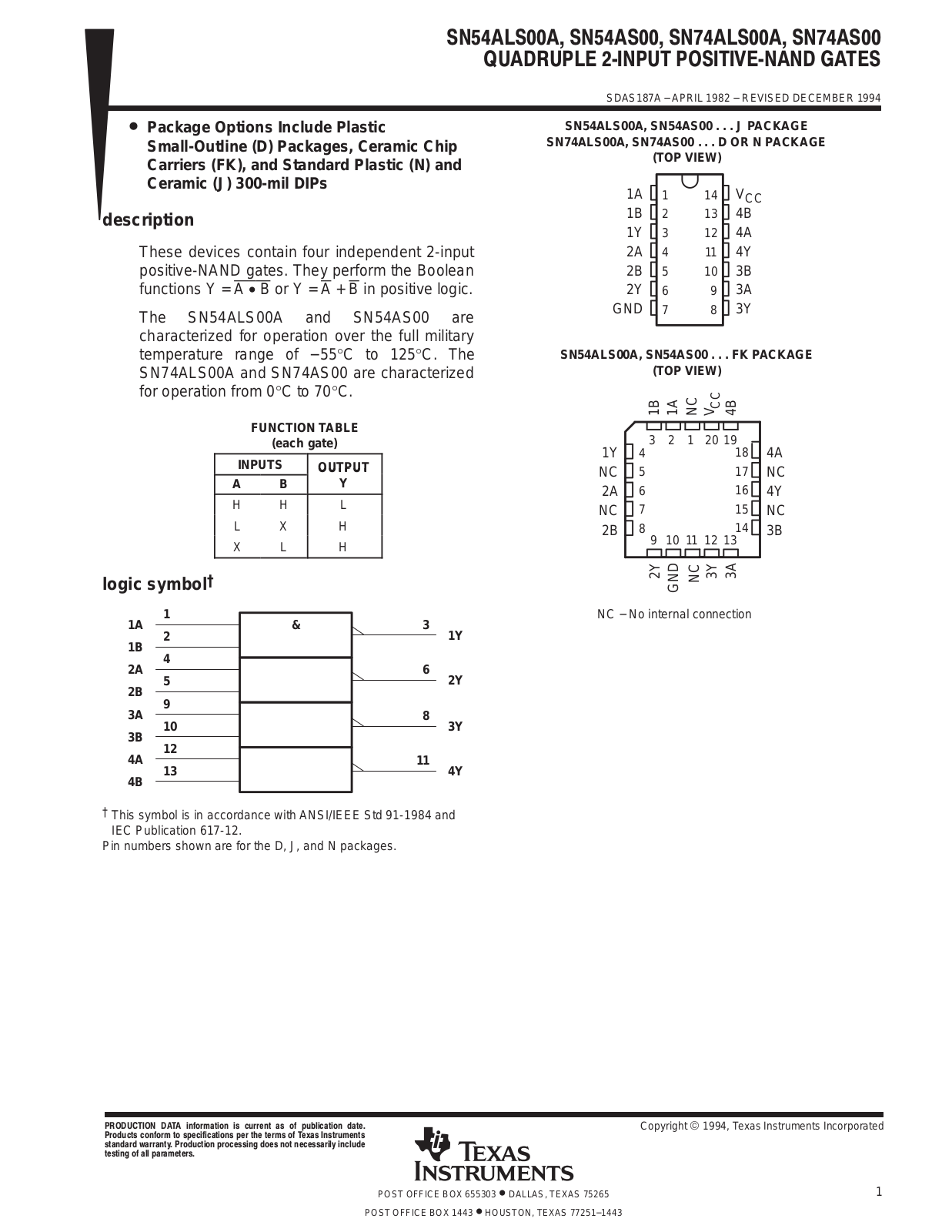 TEXAS INSTRUMENTS SN54ALS00A Technical data