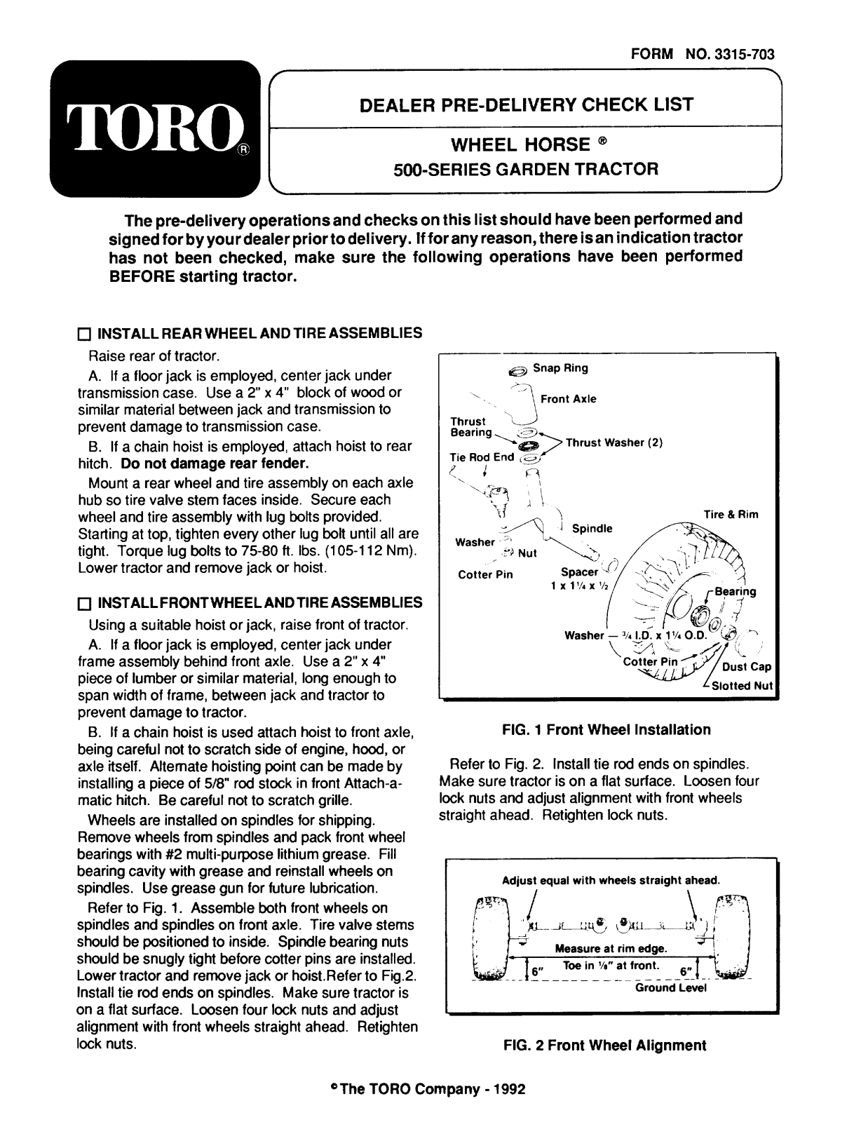 Toro 73501, 73520 Delivery Checklist