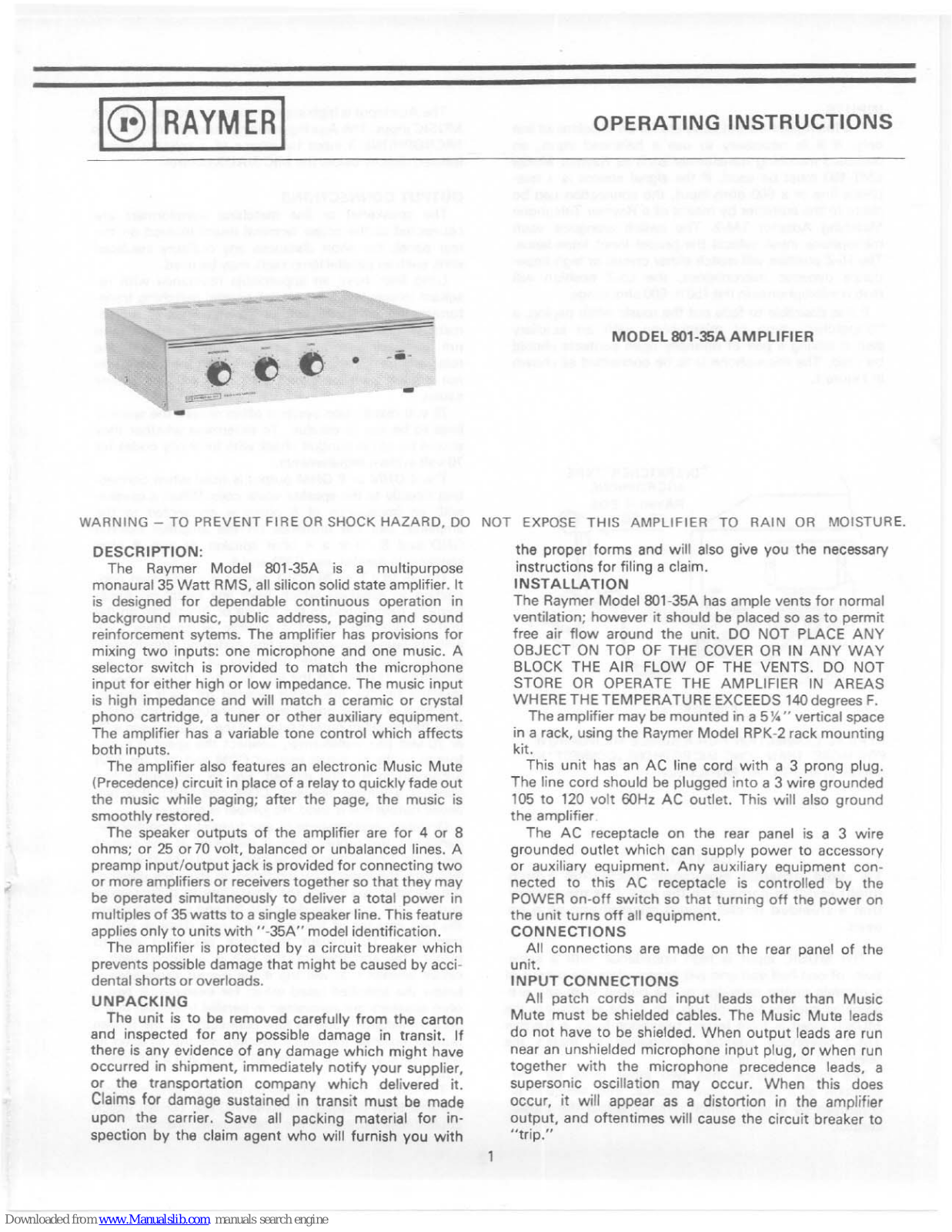 Raymer Amplifier 801-35A, 801-35A Operating Instructions Manual