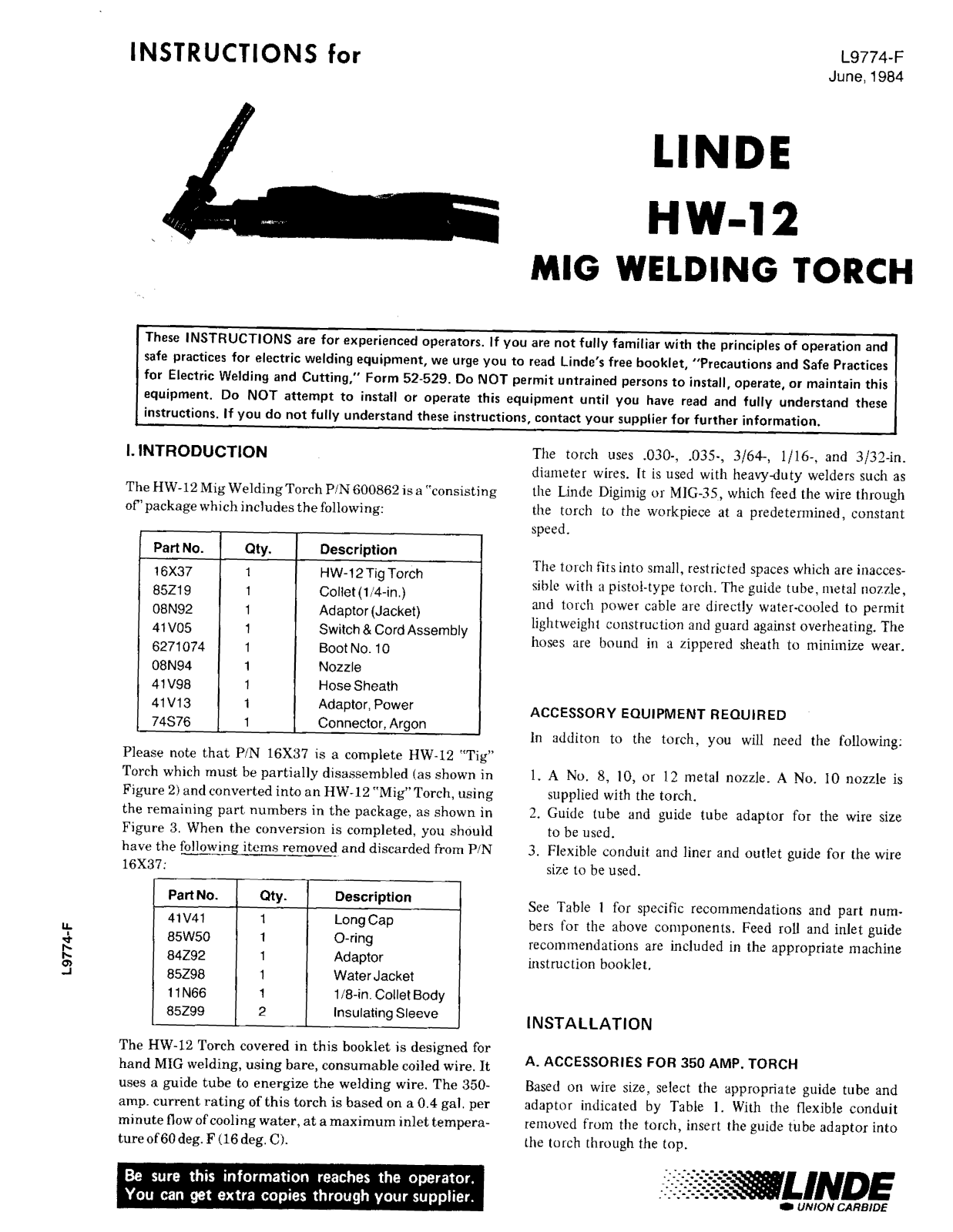 Linde Linde HW-12 Mig Welding Torch Troubleshooting instruction