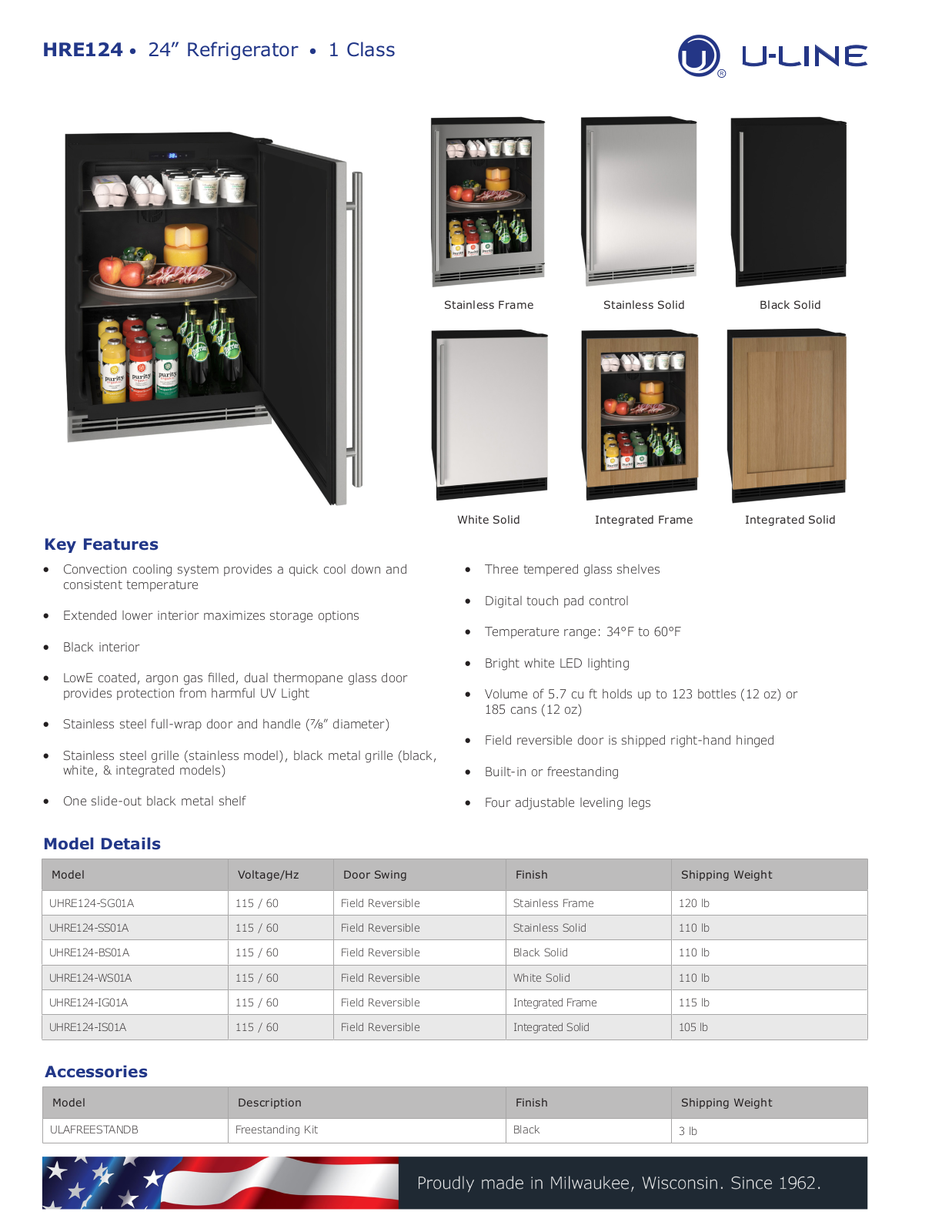 U-Line UHRE124-SG01A, UHRE124-SS01A, UHRE124-BS01A, UHRE124-WS01A, UHRE124-IG01A Specification Sheet