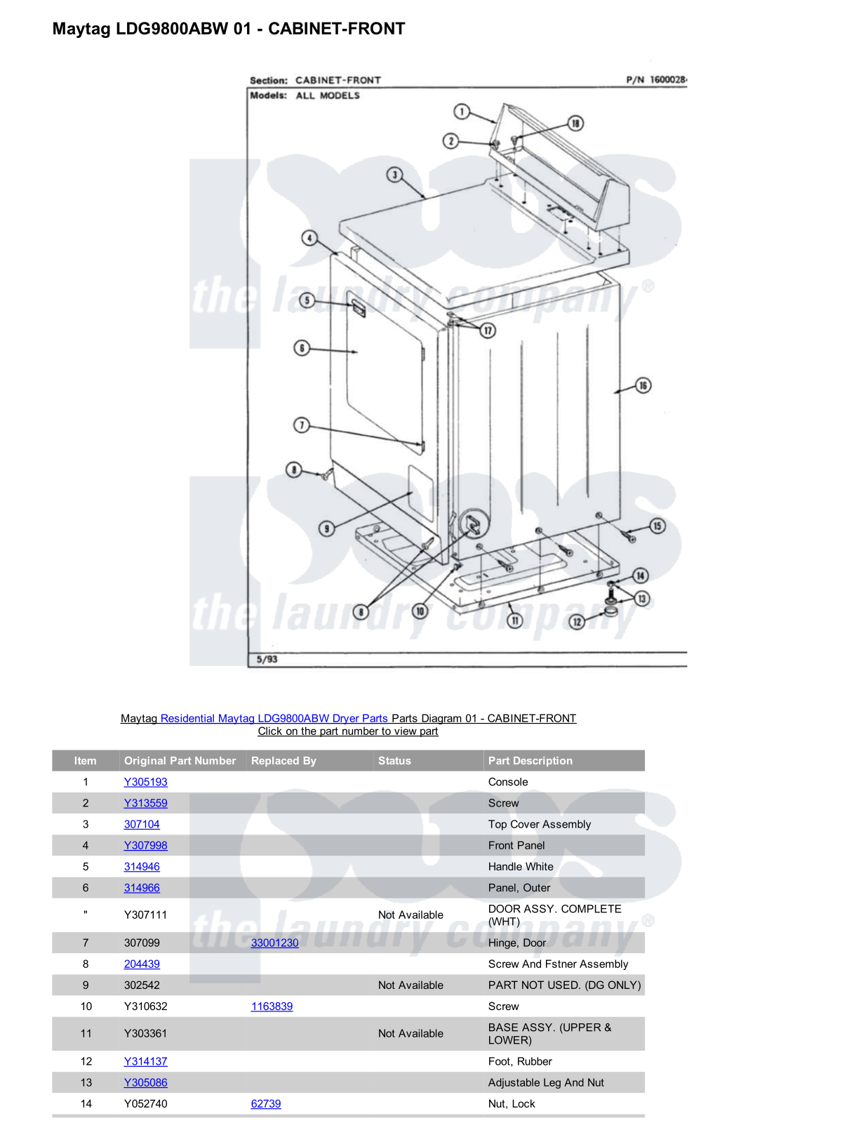 Maytag LDG9800ABW Parts Diagram