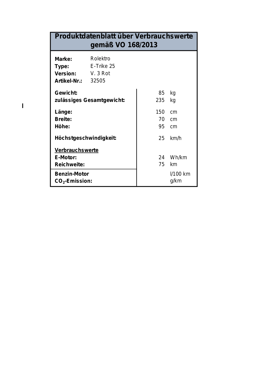 Rolektro E-Trike 25 V.3 Technical data