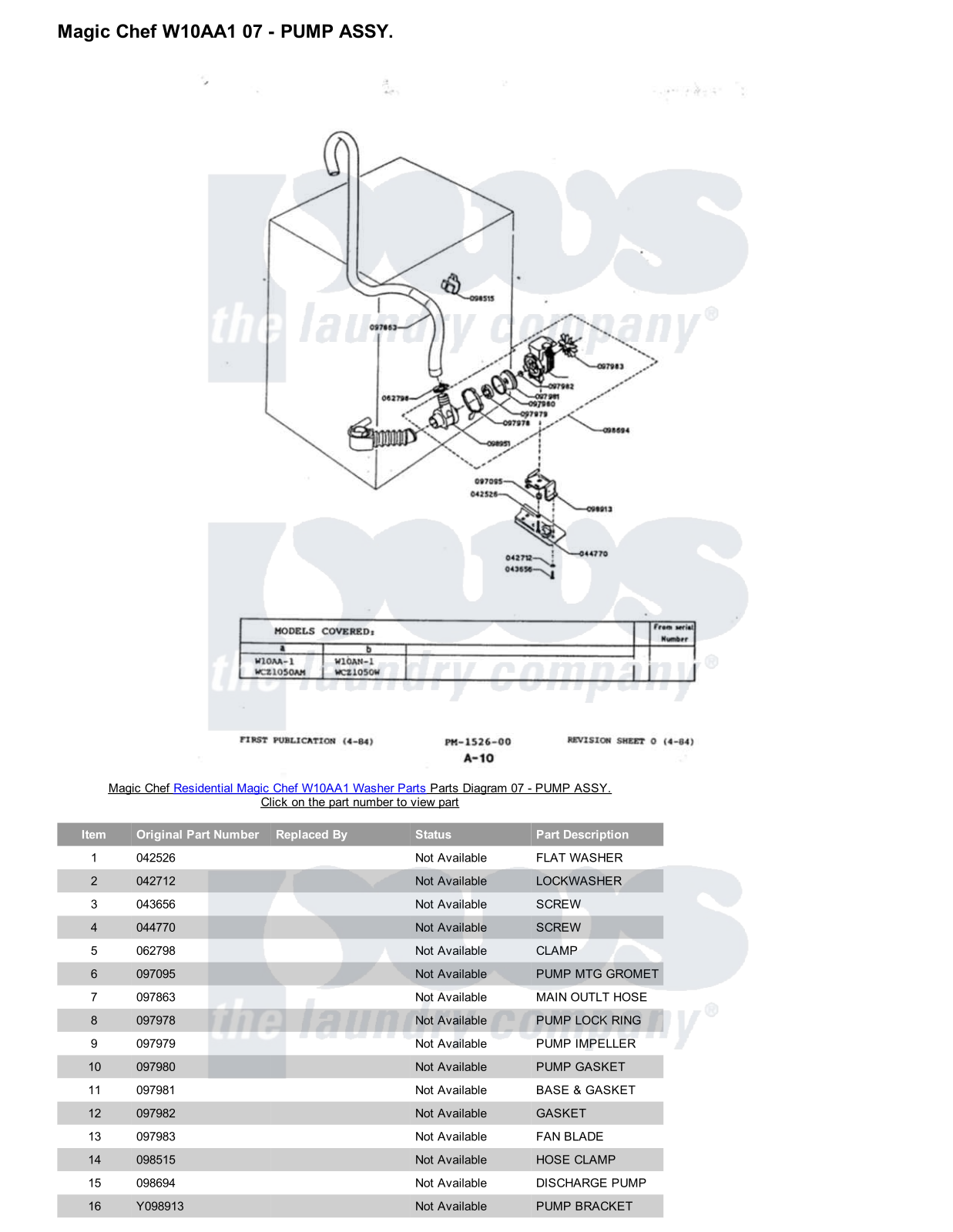 Magic Chef W10AA1 Parts Diagram