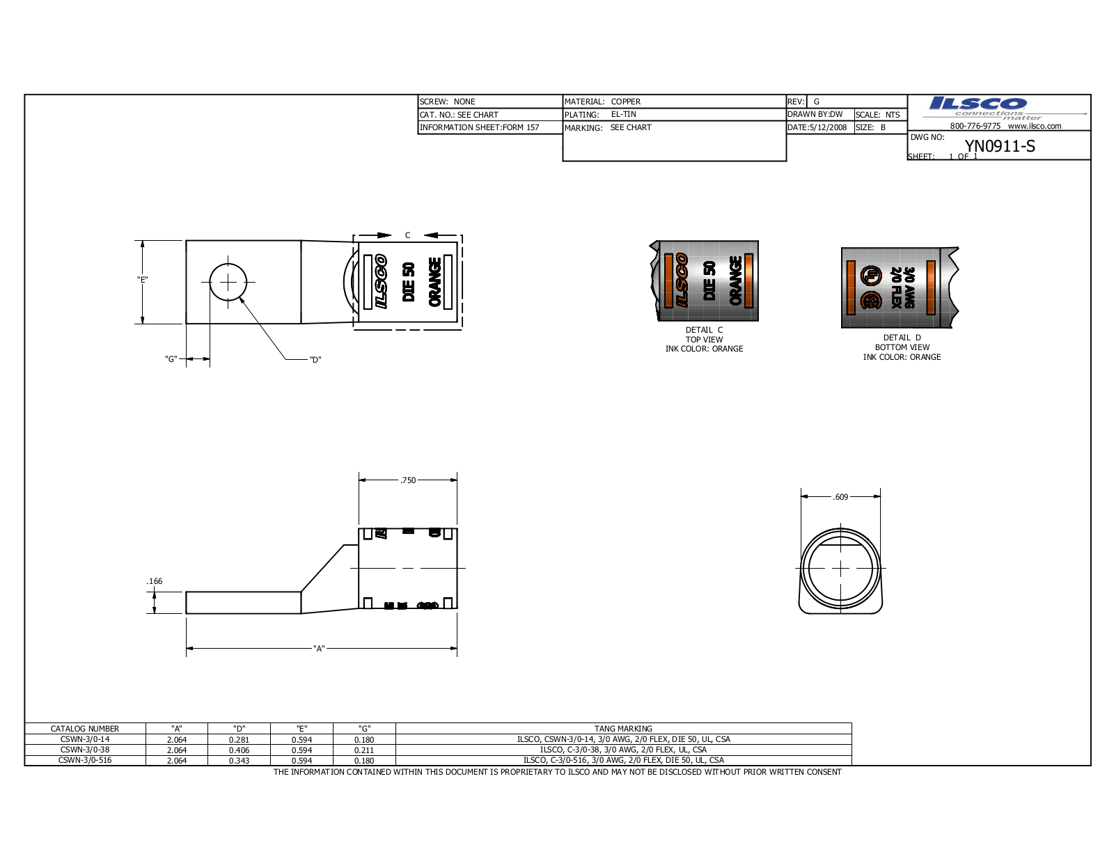 Ilsco CSWN-3/0-14 Data sheet