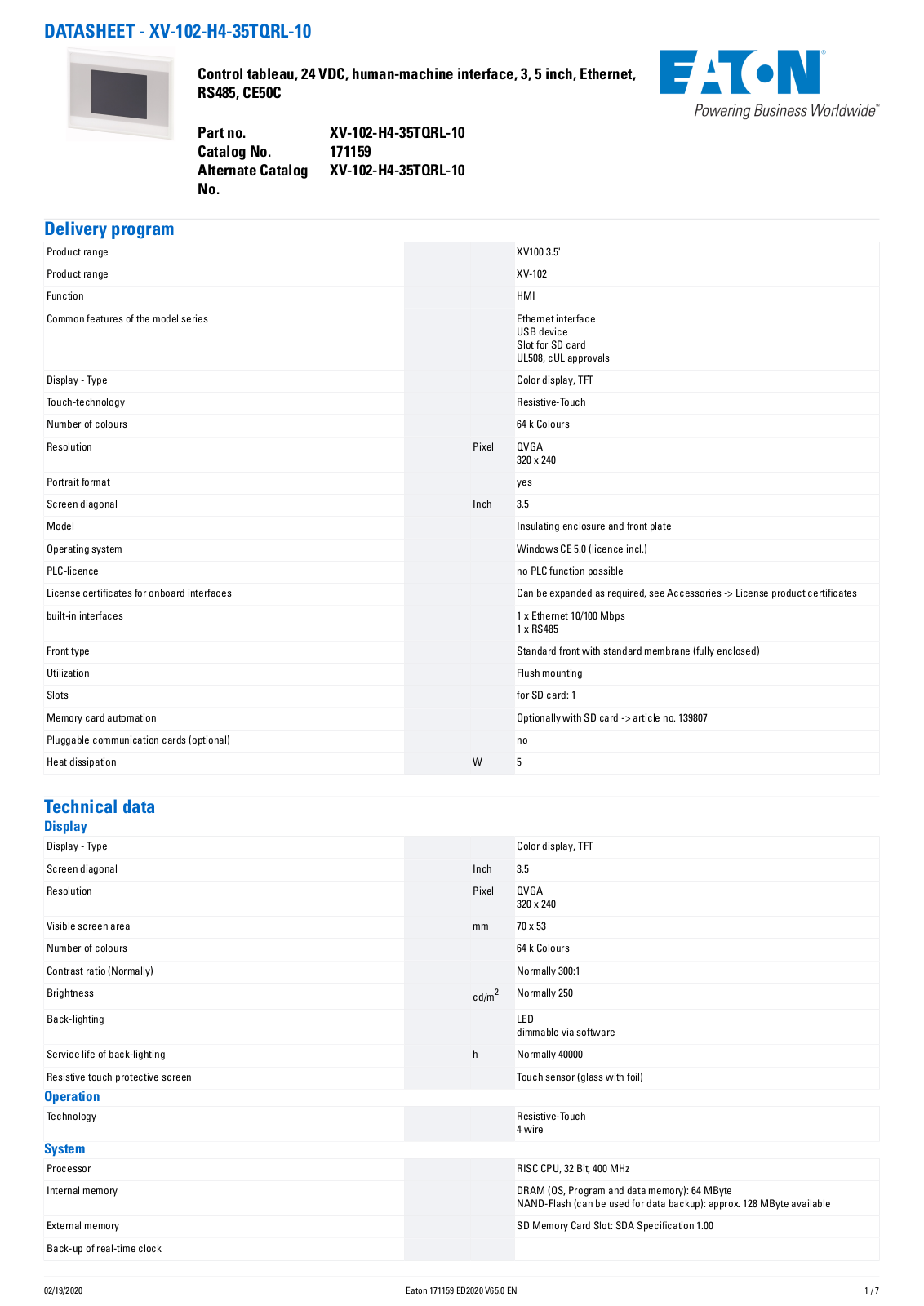 Cutler Hammer, Div of Eaton Corp XV-102-H4-35TQRL-10 Data Sheet