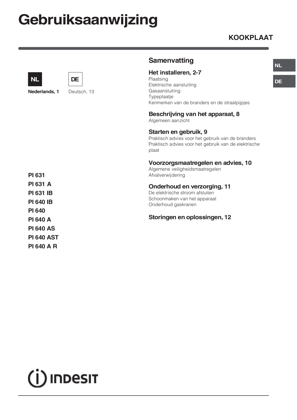 Indesit PI 640 AST User Manual