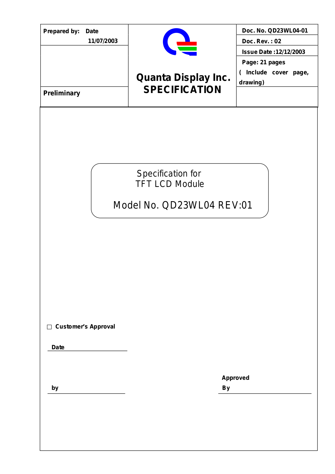 QDI QD23WL04 Specification