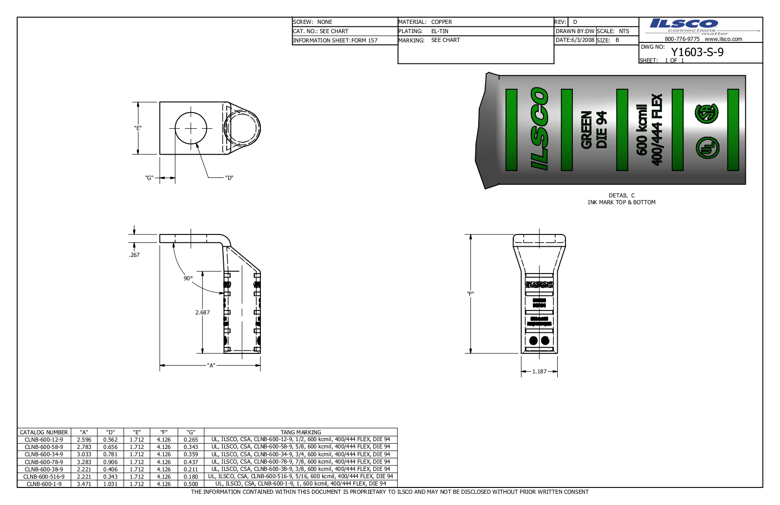 Ilsco CLNB-600-12-9 Data sheet