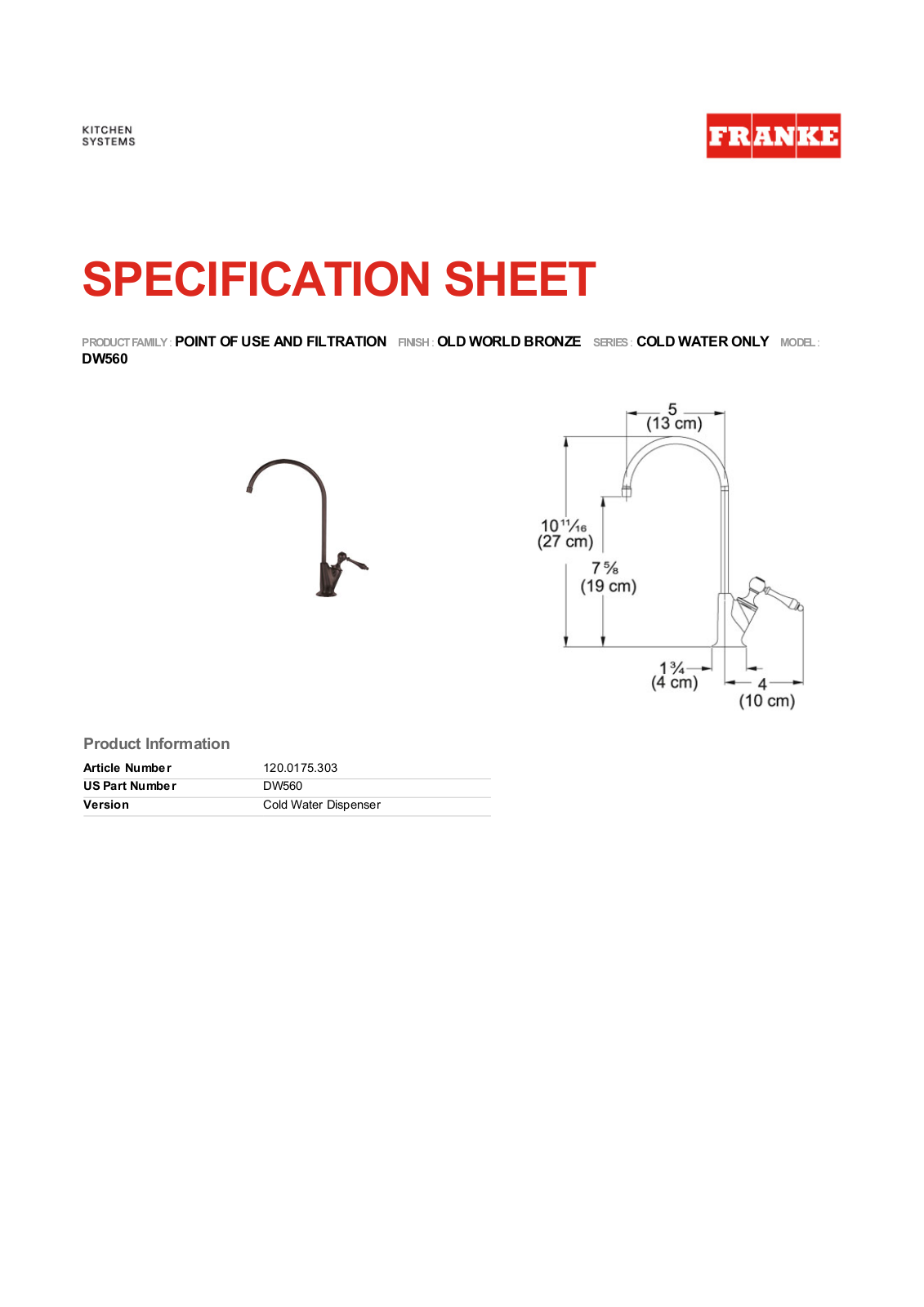 Franke Foodservice DW560 Specification