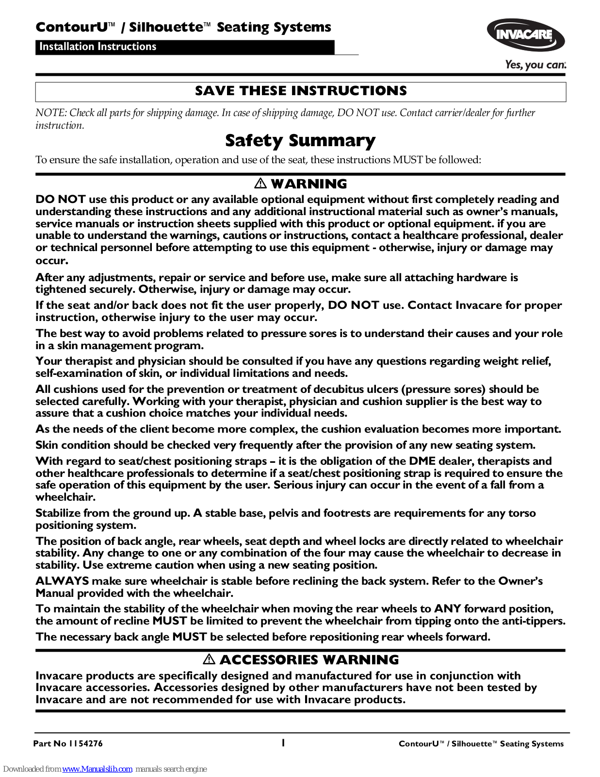 Invacare ContourU, Silhouette Installation Instructions Manual